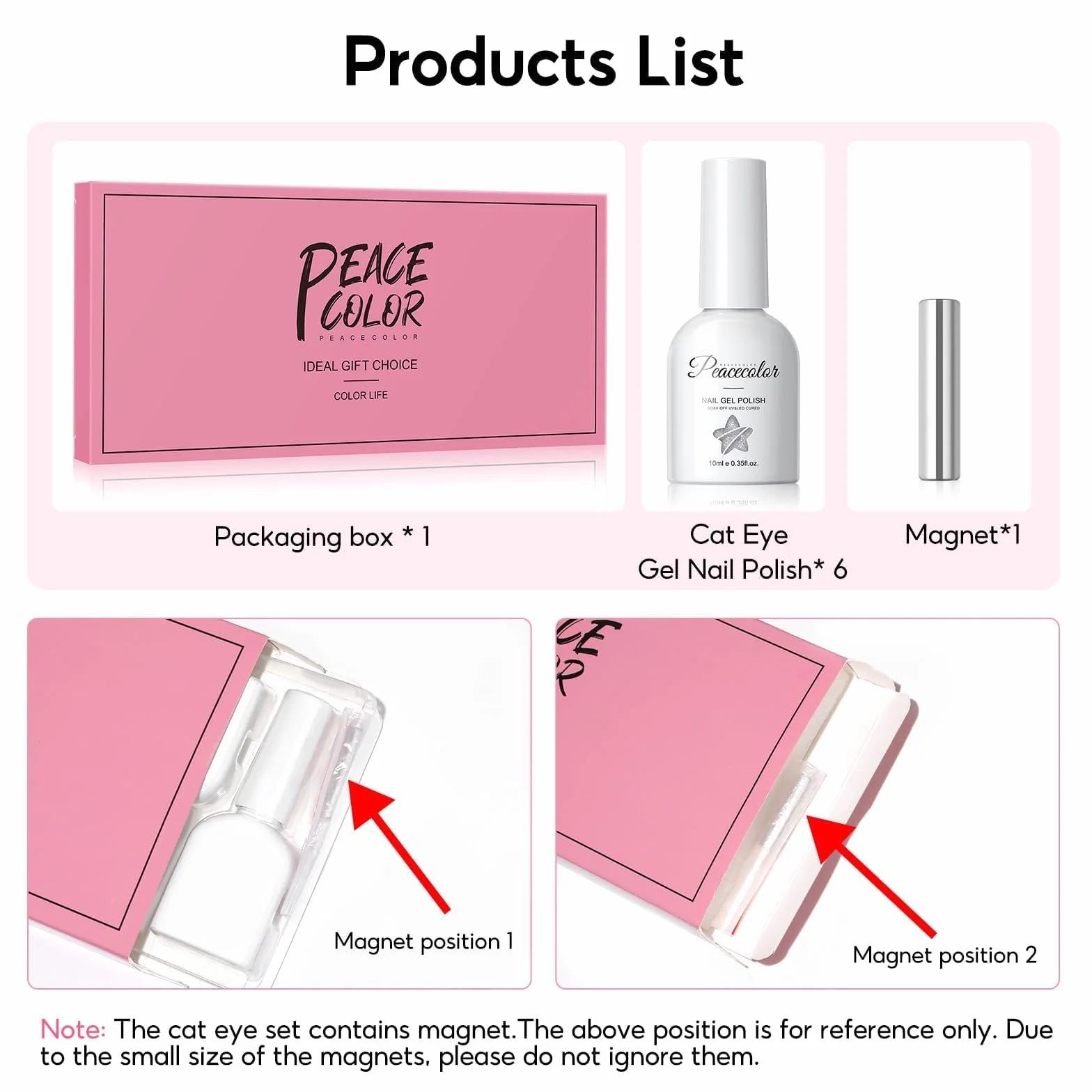 PEACECOLOR 6 sztuk lakieru do paznokci UV Cat Eye czerwony, lakier do paznokci UV z brokatem, żel Cat Eye z magnesem, manicure DIY 10 ml