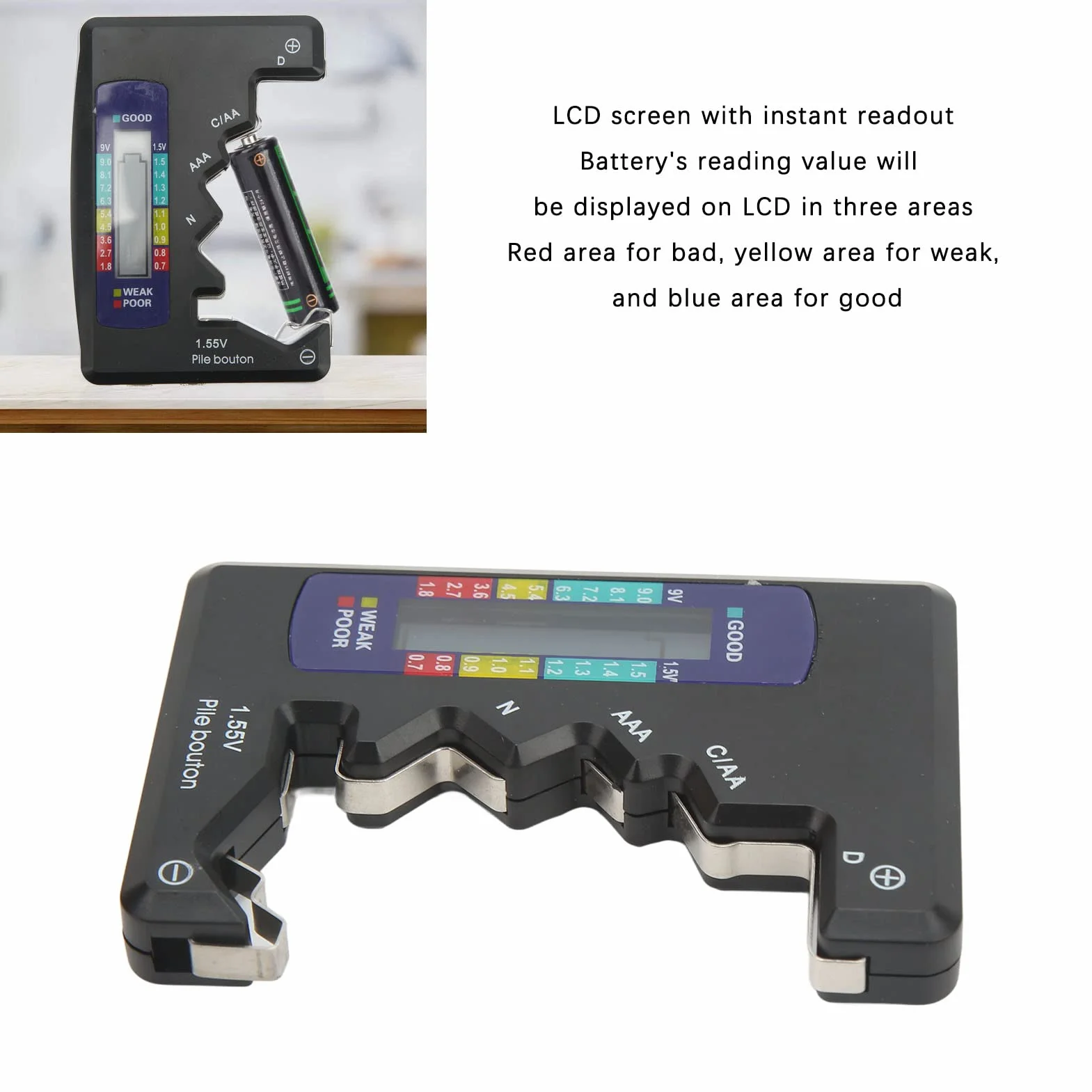 Yctze Cyfrowy tester pojemności baterii z wyświetlaczem LCD dla baterii guzikowych D C AA AAA N 1,5 V (czarny) baterie litowe aa