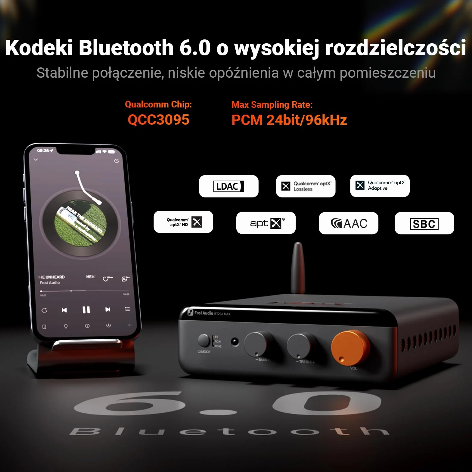 Fosi Audio BT20A MAX Wzmacniacz Mocy Stereo, 300W x2 Wzmacniacz Audio Hi-Fi z Technologią PFFB, LDAC Bluetooth 6.0, Podwójne Niezależne Zasilanie, Pilot Zdalnego Sterowania, Idealny do Systemów 2.1