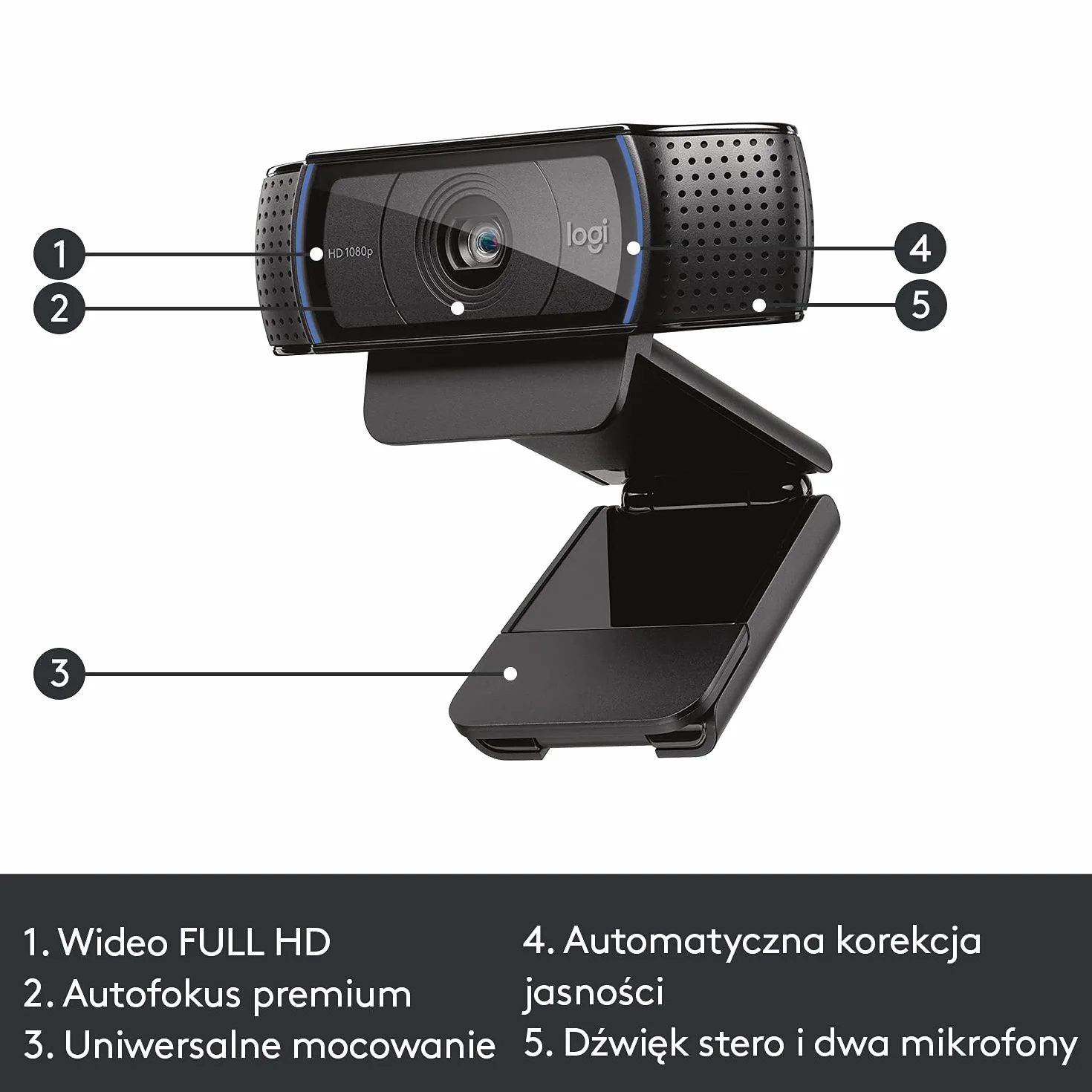 Logitech HD Pro Webcam C920 Połączenia Wideo W Wysokiej Jakości, Z Rozdzielczością Full Hd 1080P I Osłoną Migawki, Pc/Mac/Chromebook - Czarny