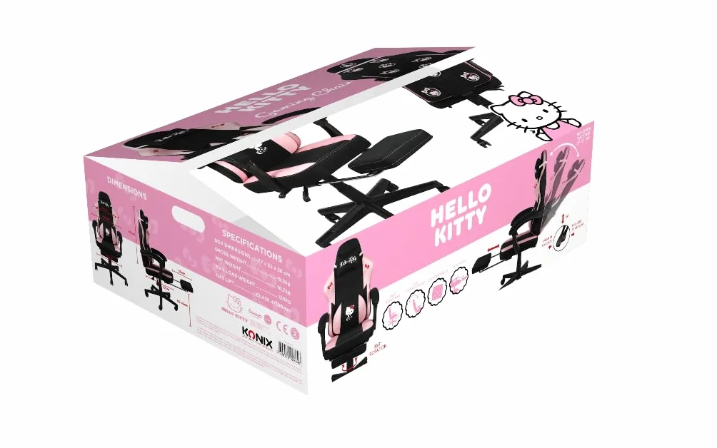 Konix Hello Kitty Gaming Krzesło biurowe 150° nachylenie drewniana metalowa rama poduszka podnóżek czarno-różowy