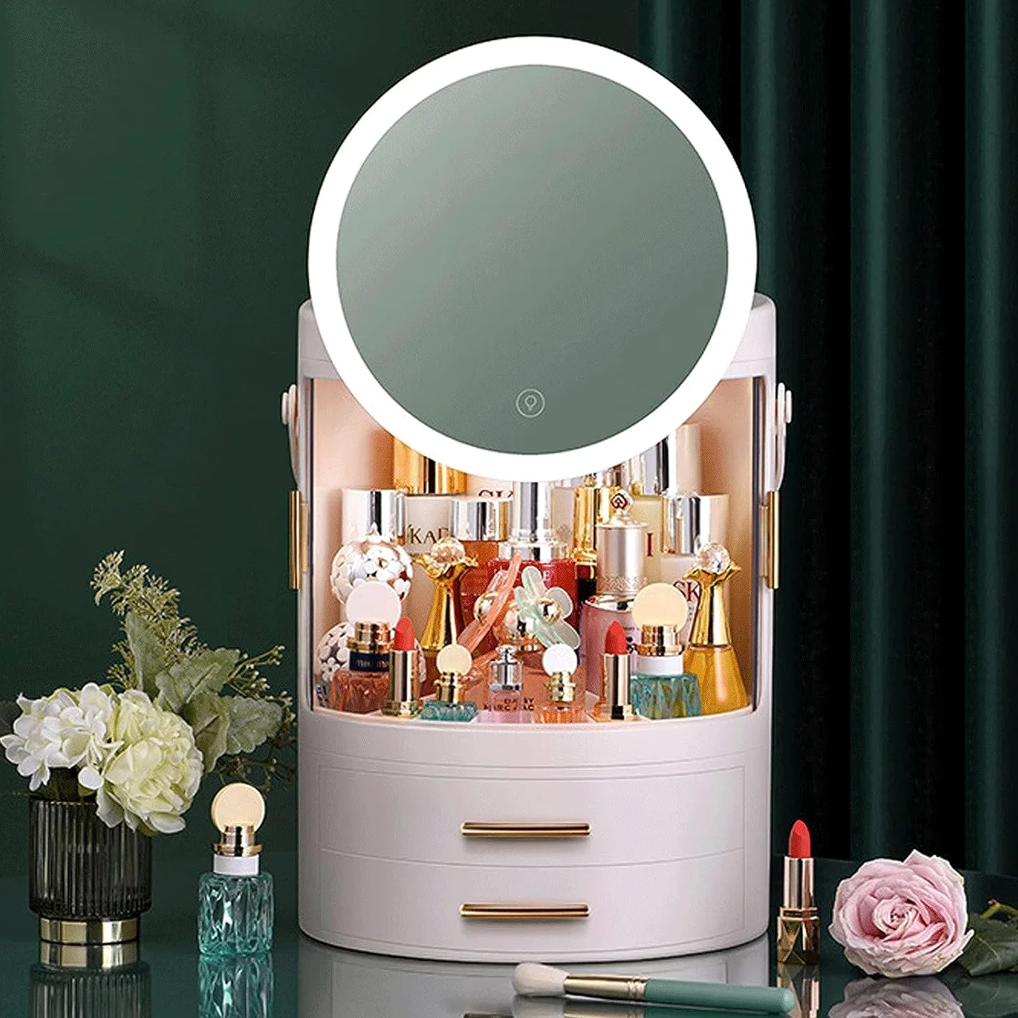 Obrotowy organizer na kosmetyki z obracającymi się o 360 stopni diodami LED Vanity Full Mirror Przenośny stojak na kosmetyki (Color : Ivory White)