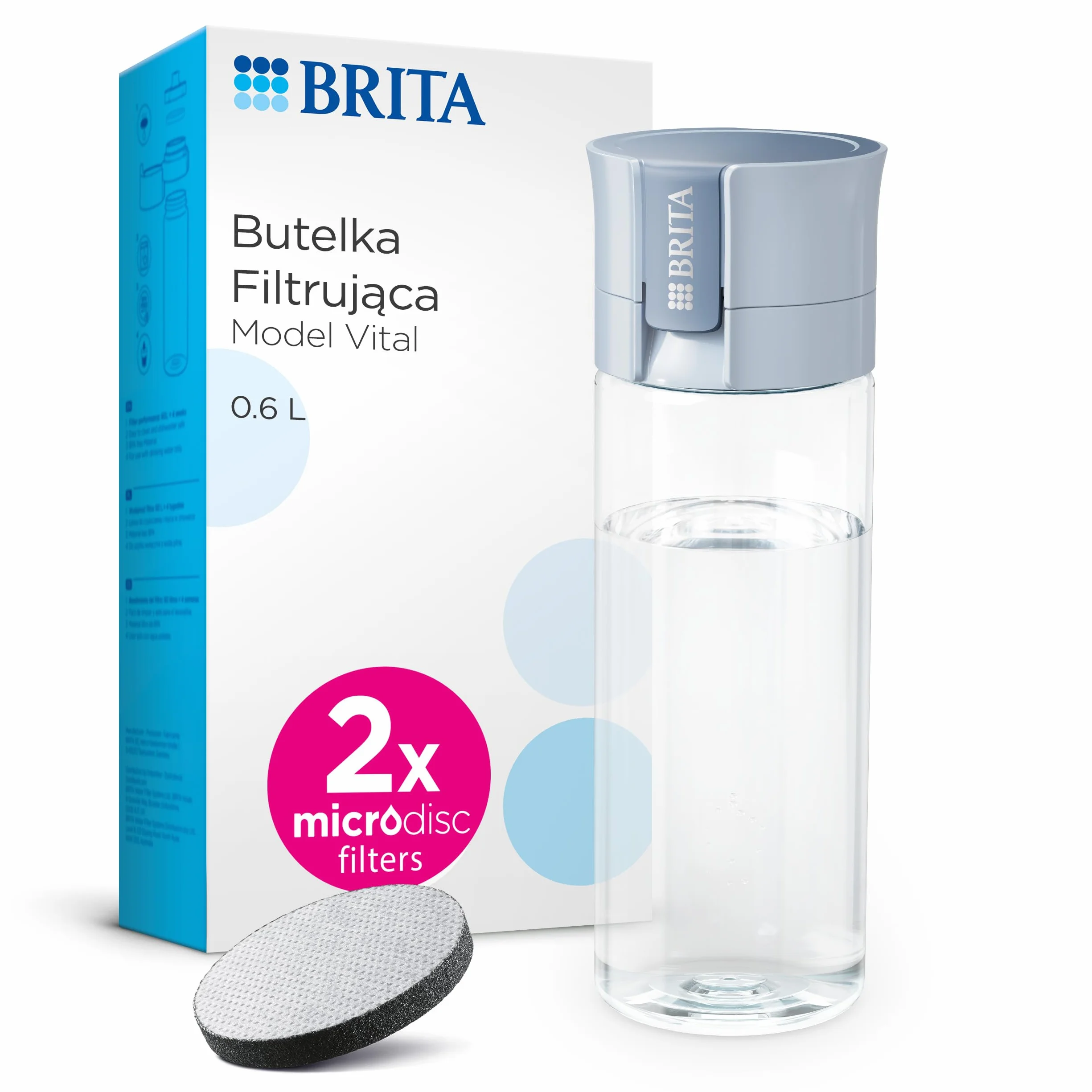 BRITA Butelka filtrująca Vital pastelowy błękit (0,6l) zawiera 2 filtry MicroDisc - filtruje chlor, zanieczyszczenia, hormony i pestycydy, zachowuje cenne minerały