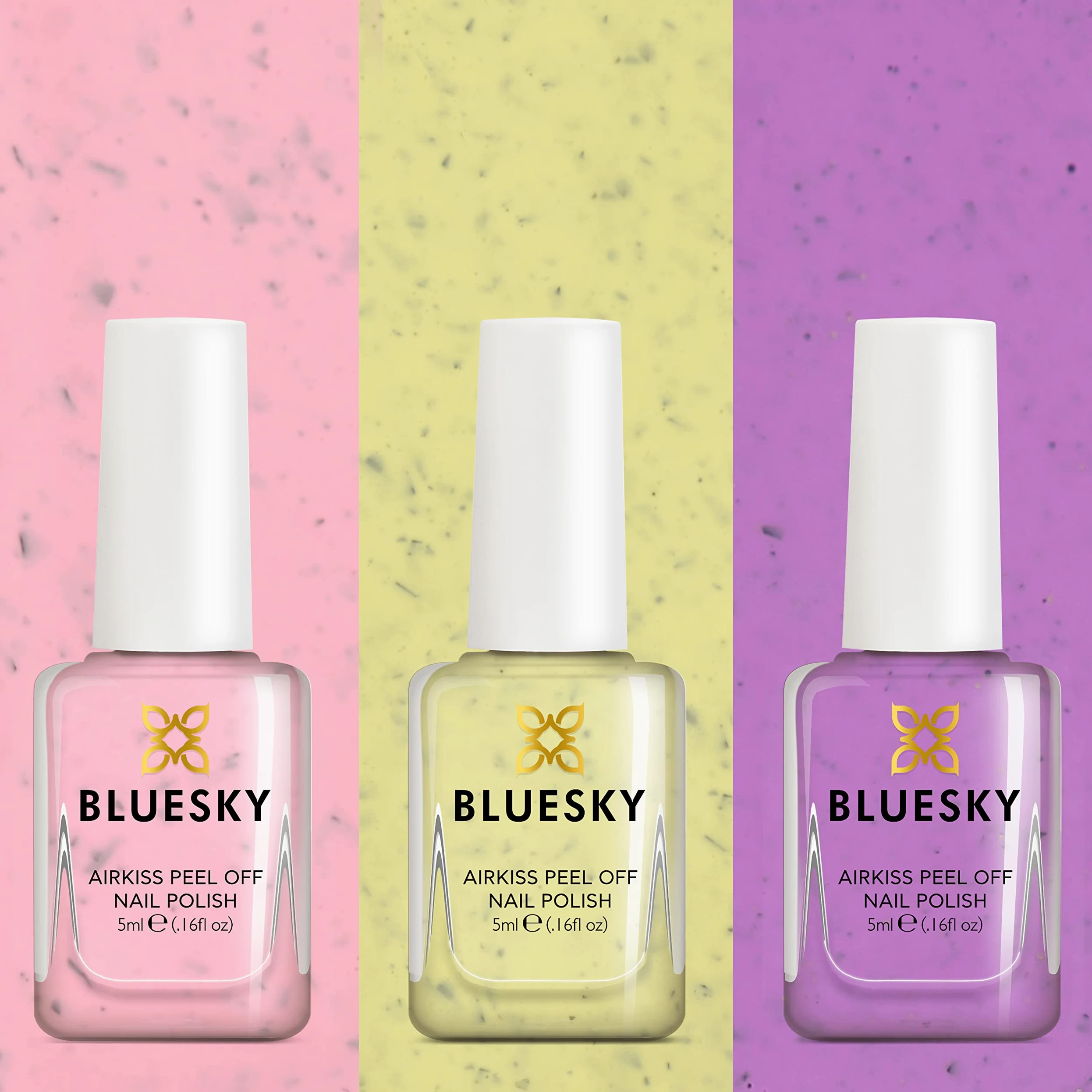 BLUESKY Kids Off Zestaw Lakierów do Paznokci, Różowy, Żółty, Fioletowy, na Bazie Wody, Zestaw Upominkowy, 3 x 5 ml, z Naklejkami, Peel-Off