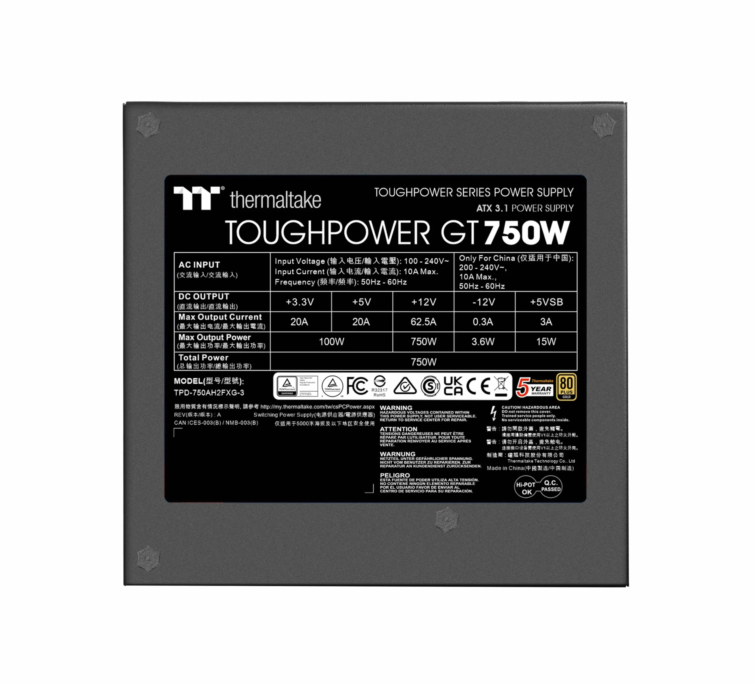 Thermaltake Toughpower GT 750W | ATX 3.1 | PCIe 5.1 12V-2x6-Anschluss | ultraleise Smart-Zero-Funktion | Low Profile Kabel | 80+ GOLD | Modular