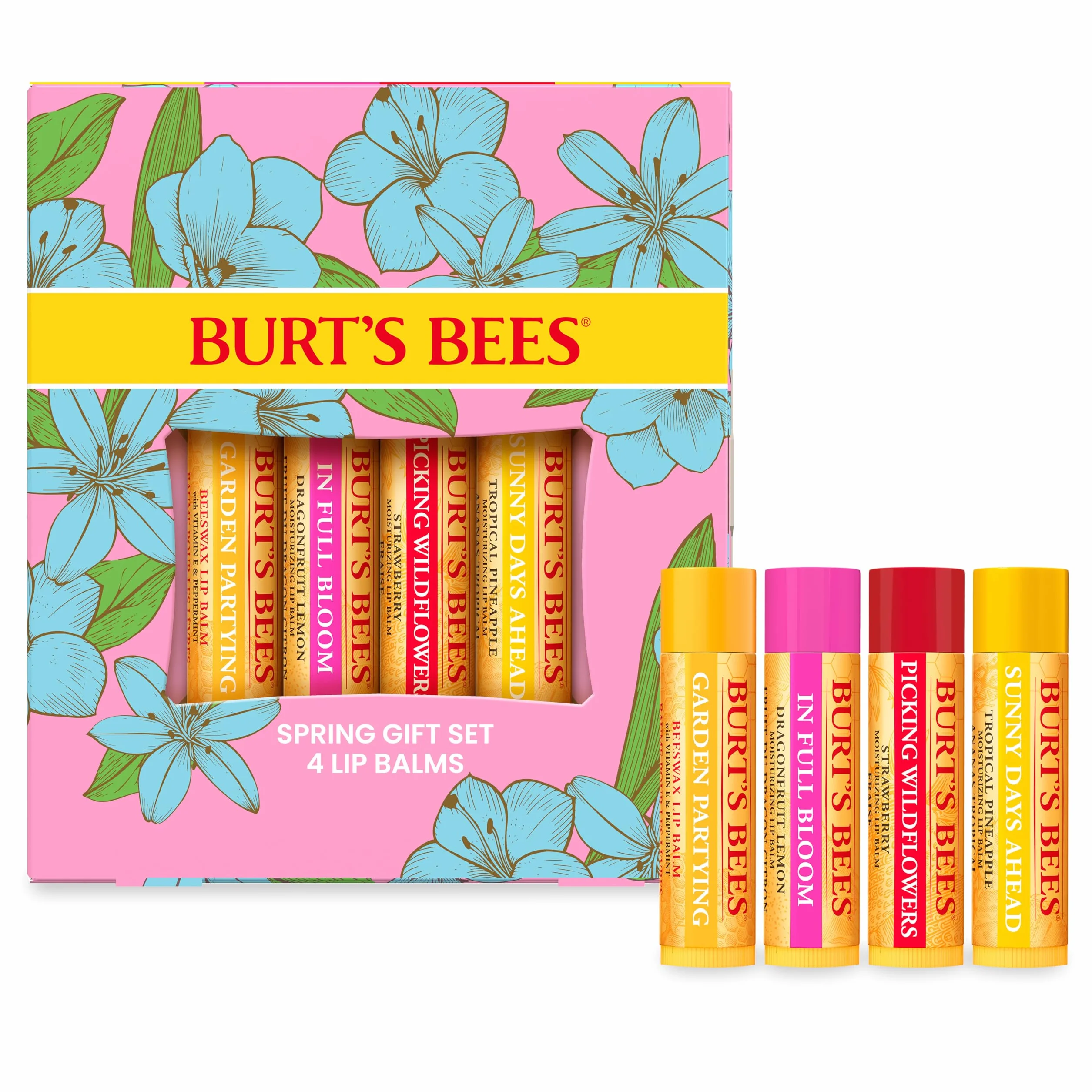 Burt's Bees Balsam do ust, wosk pszczeli, truskawka, tropikalny ananas, smoczy owoc cytryny, w pełnym rozkwicie, 4 x 4,25 g