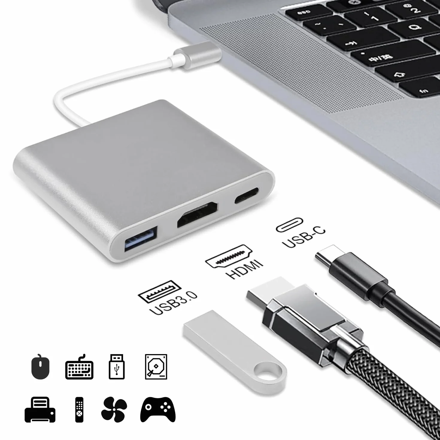 Adapter USB C HDMI 3-EN-1, kabel Lightning na HDMI do telewizora, cyfrowy wieloportowy AV z 4K, USB-A 3.0, Plug and Play