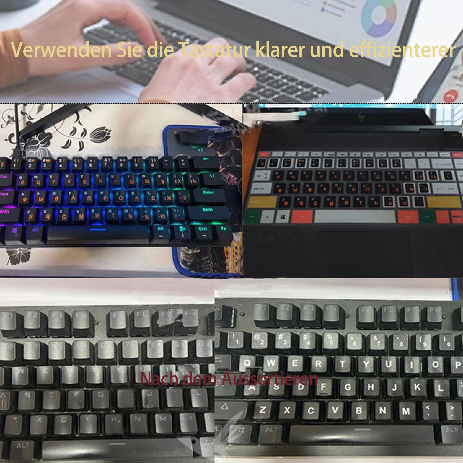 Angielskie naklejki na klawiaturę, 6 sztuk, 3 czarne 3 białe, unikalne powlekane wodą, do standardowych klawiatury komputerów stacjonarnych i laptopów, 10-17 cali, winyl, wodoodporne