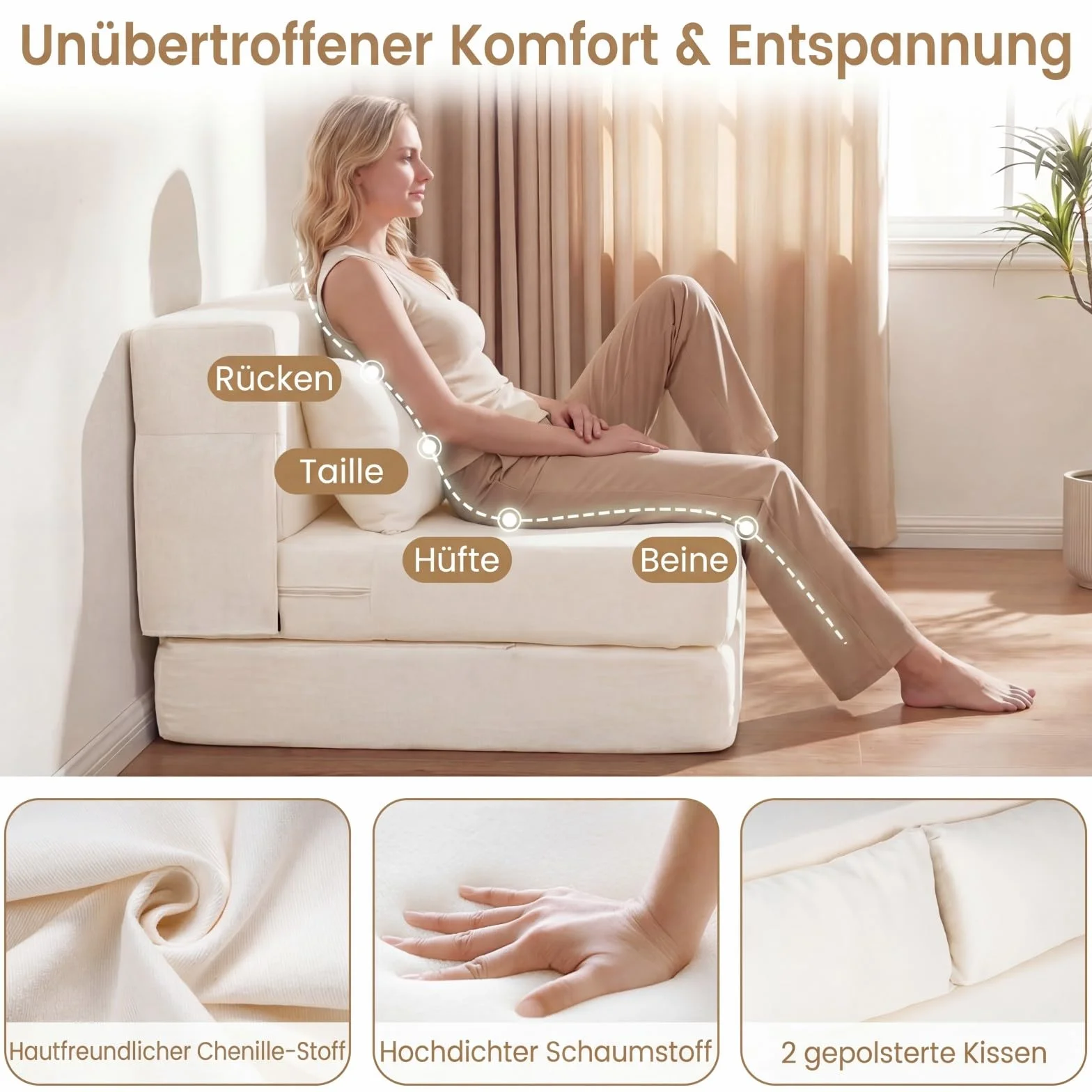 COSTWAY Rozkładana Sofa 3 w 1 z Materiału Szenilowego z 2 Poduszkami, Beżowa, 2-osobowa