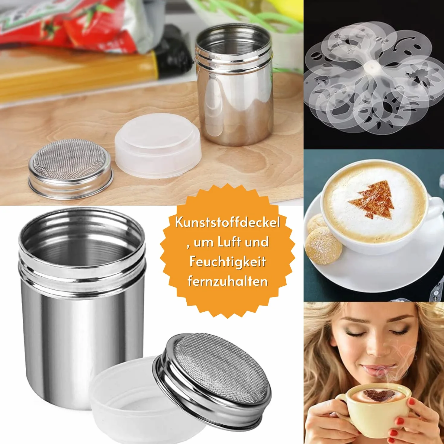 Shaker do pudru ze stali nierdzewnej, 2 sztuki, szczotka do shaker, puszka do pieczenia z szablonami 16 szt.
