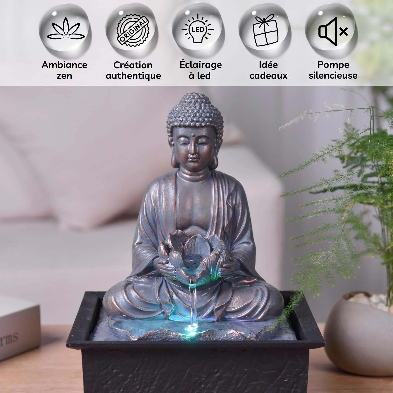 Fontanna wewnętrzna Budda Medytacja Lotos Kolorowe światło LED - Zen Deco Salon Sypialnia - Fontanna stołowa Relaksujący ruch - Przydatny prezent dla kobiet i mężczyzn - H 26cm - Sutra Zen'Light