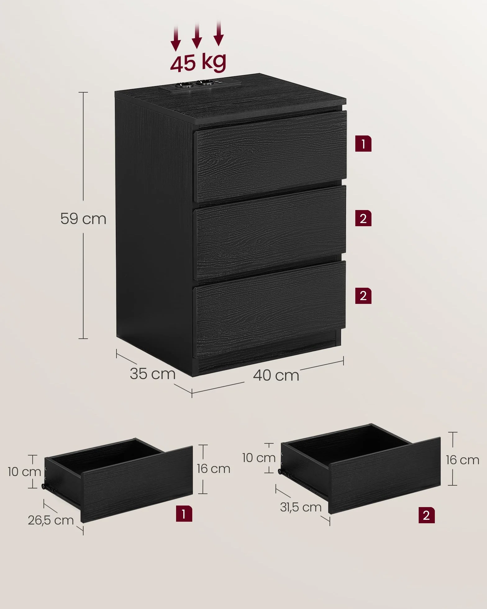 VASAGLE Stolik nocny 3 szuflady fazowana krawędź 2 gniazda AC 2 porty USB hebanowoczarny zestaw 2 szt.