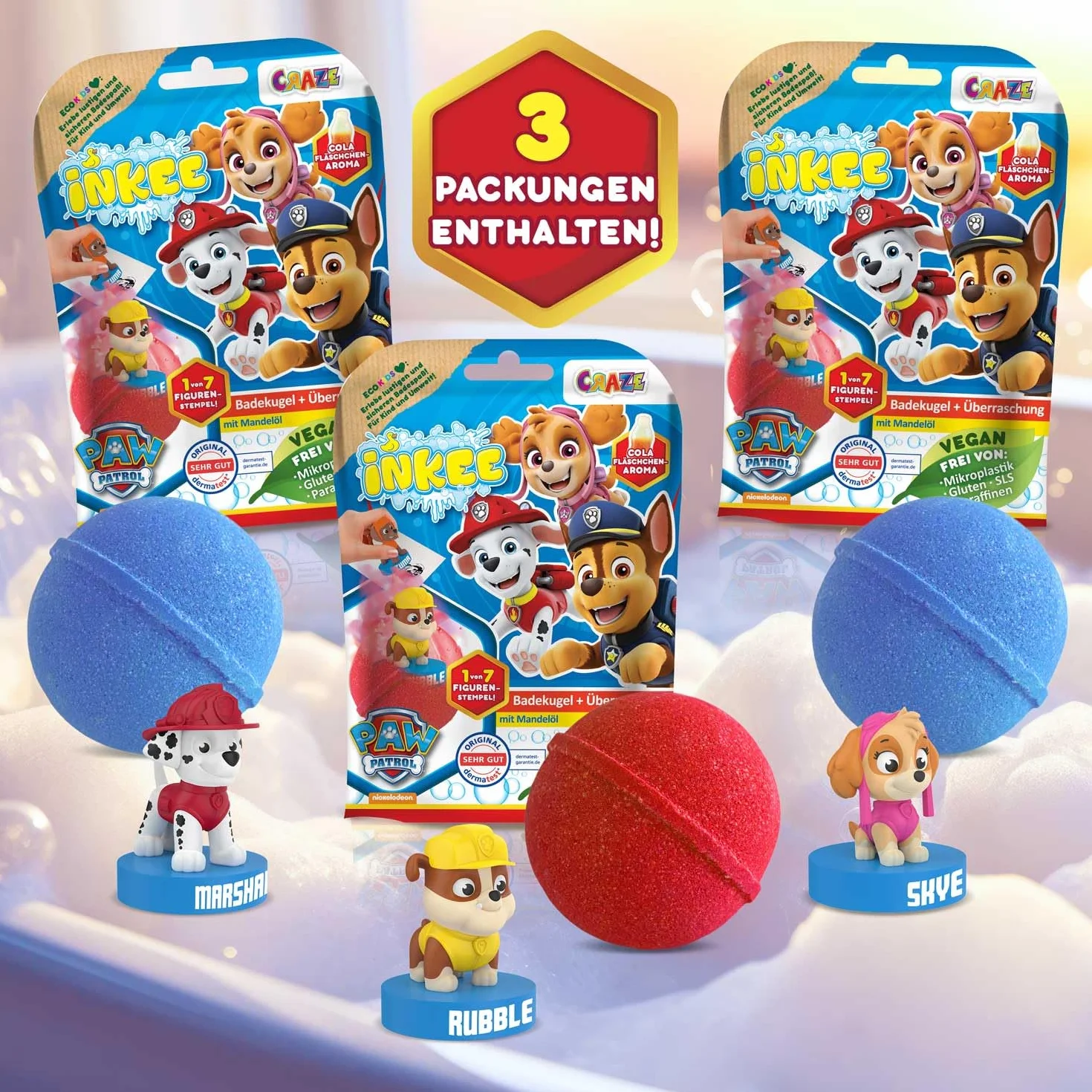 INKEE Surprise Paw Patrol – Zestaw 3 Bomb do Kąpieli dla Dzieci z Niespodzianką, Kule do Kąpieli ze Stempelkami Psi Patrol – Dodatek do Kąpieli dla Dzieci