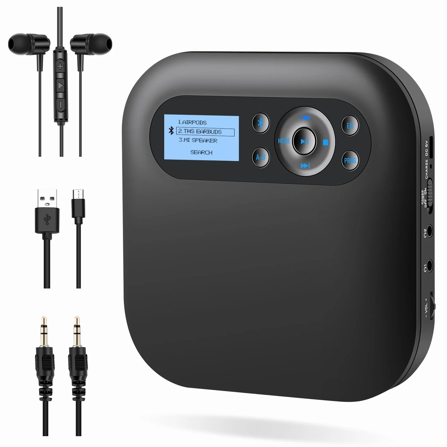 DESOBRY Przenośny odtwarzacz CD Bluetooth z głośnikami, akumulatorowy Discman do samochodu z FM, Anti-Skip, ekran LCD, odtwarzacz CD z dwoma gniazdami słuchawkowymi