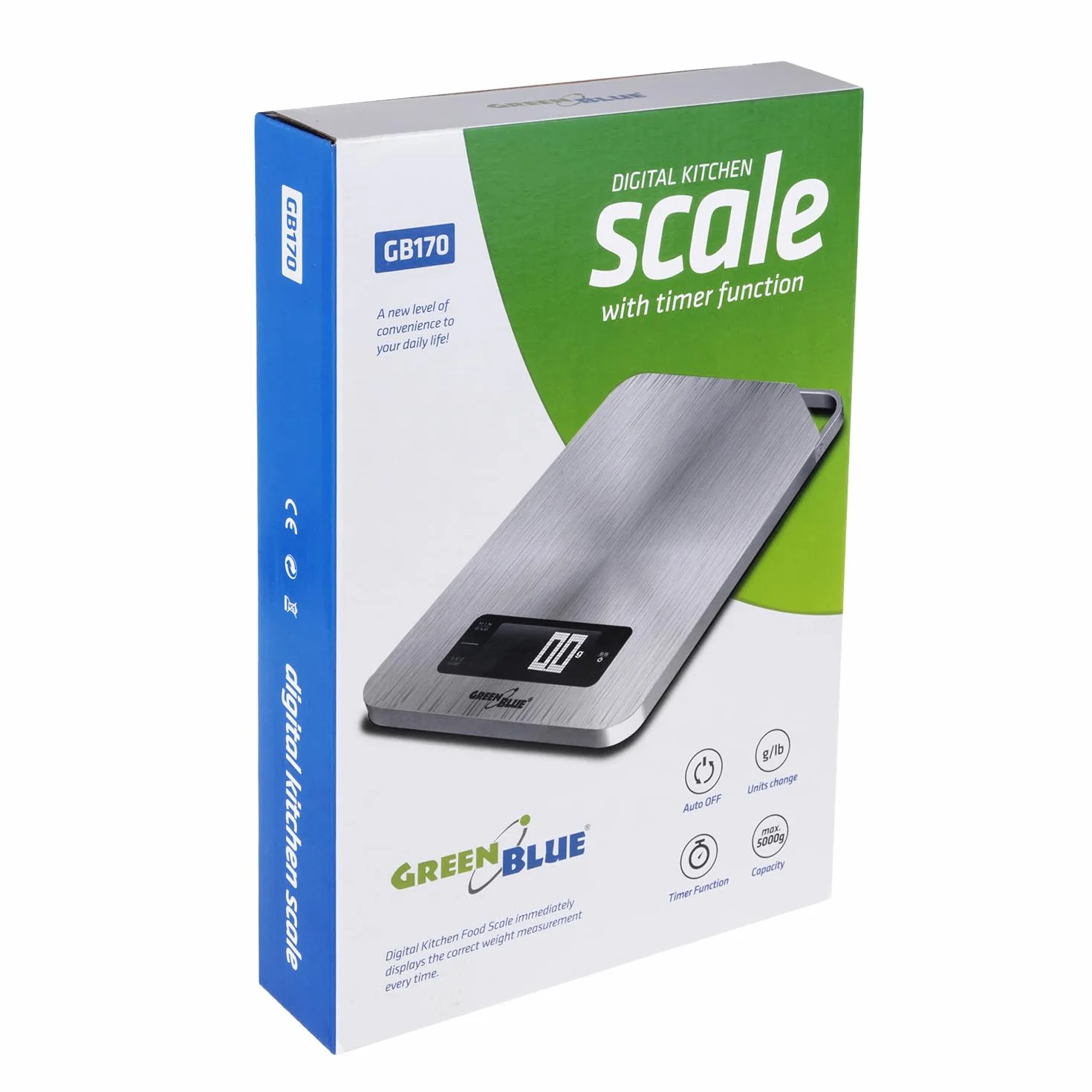 Green Blue GB170 cyfrowa waga kuchenna ze stali nierdzewnej z timerem, waga elektroniczna do 5 kg, min 1 g, funkcja tary, srebrna