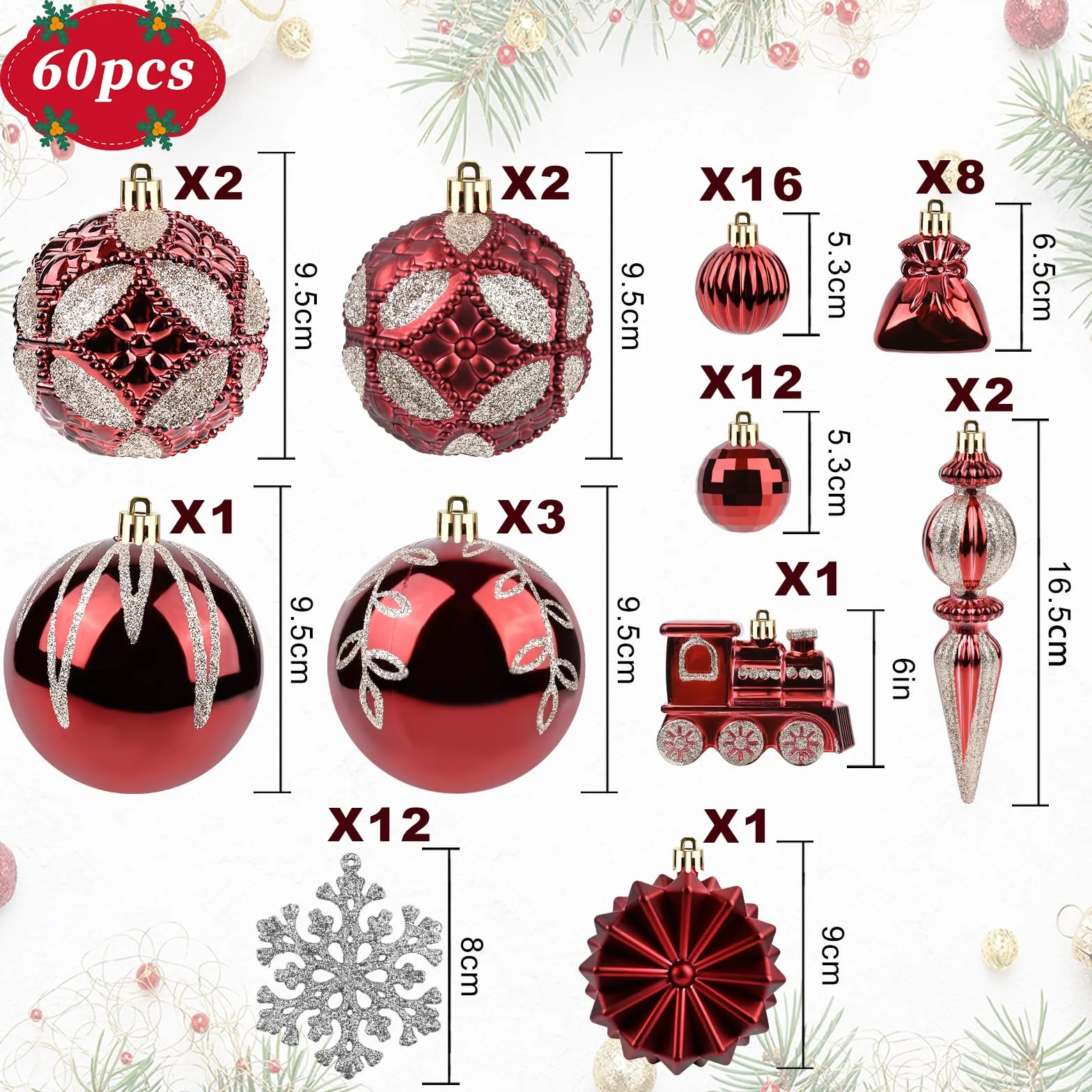 Plastikowe bombki choinkowe 44 sztuki 6x3 cm czerwone