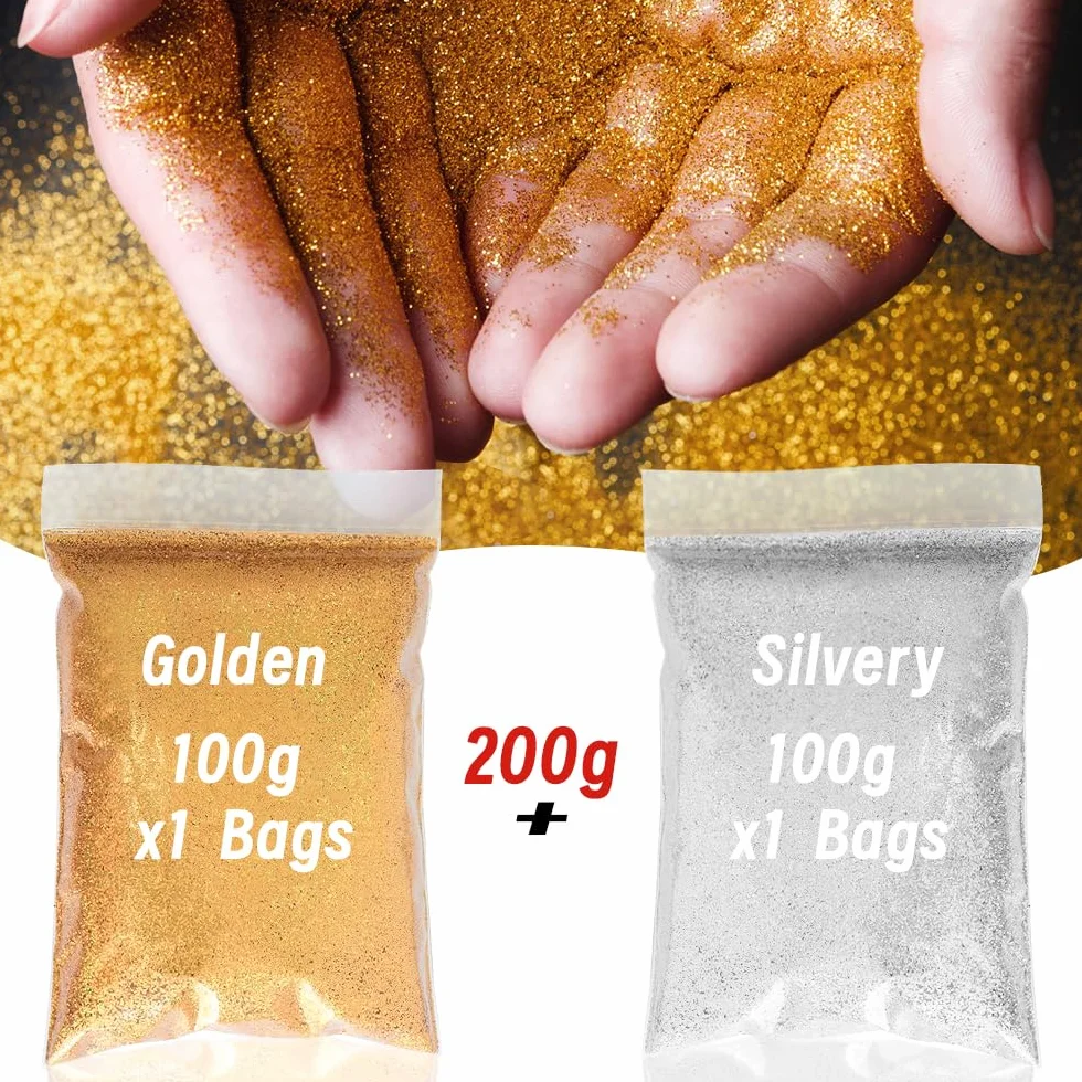 Mesen Glitter voor Ambachten 200g Goud Glitter Poeder Glitter Poeder Glitter Ambachten Glitter Poeder voor Nagels Gezicht Kaarten Maken Ambachten Nail Art (100g Goud + 100g Zilver)
