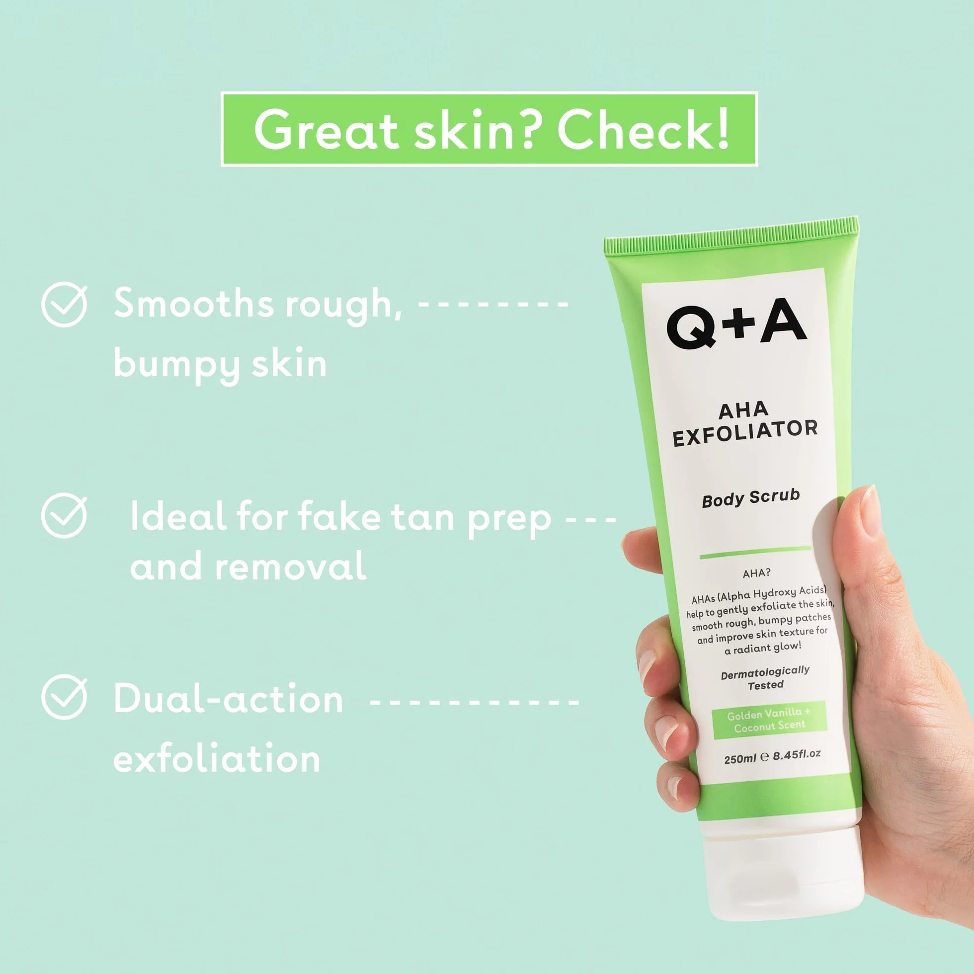 Q+A Peeling AHA do Ciała - Odnowa Skóry. Mieszanka kwasów AHA: kwasu mlekowego i glikolowego w połączeniu z eksfoliantami poprawia teksturę skóry i promuje jej miękkość i elastyczność, 250ml.