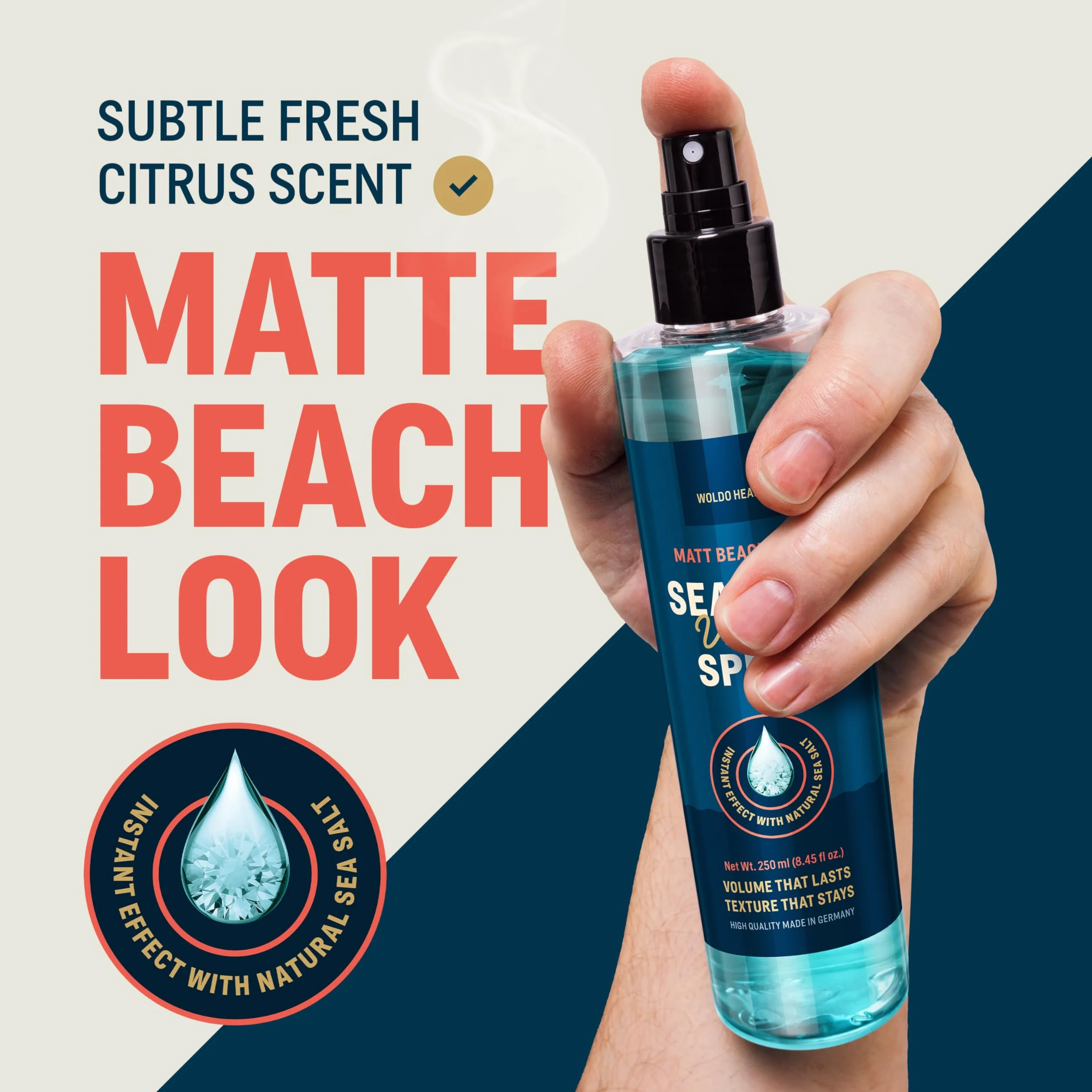 WoldoHealth Sea Salt Spray 250ml – Dla większej objętości i tekstury, matowy beach look, nie skleja, subtelny zapach unisex, do włosów cienkich, krótkich i długich