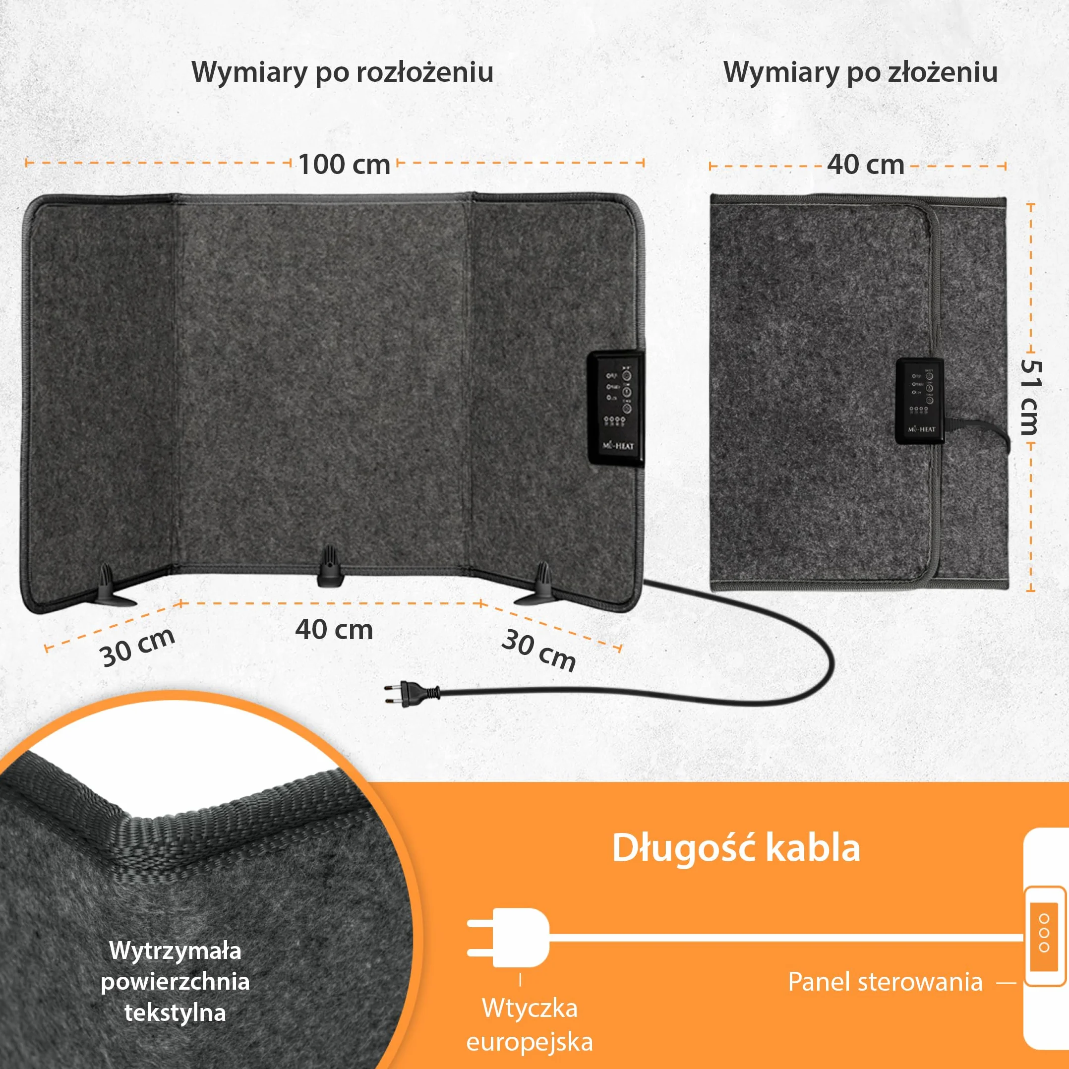Mi-Heat grzejnik biurkowy na podczerwień panel grzewczy 260W | grzejnik podłogowy do biura biurko stanowisko pracy pod stołem | temperatura do 60°C składany, szary