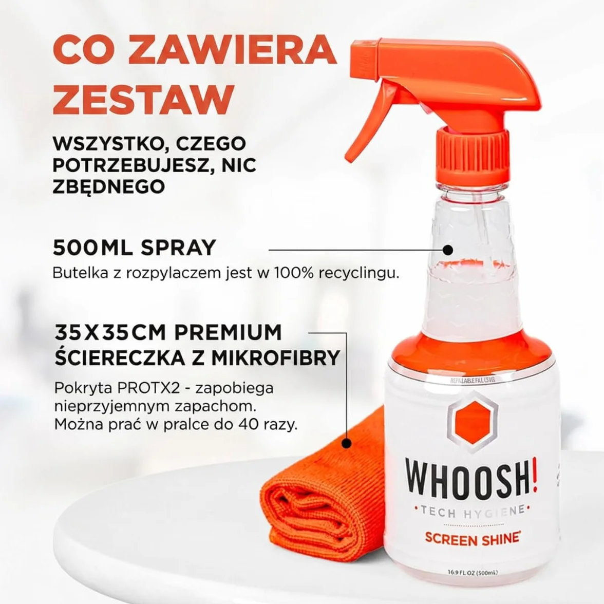 WHOOSH! Screen Shine Pro Spray do Czyszczenia Ekranu 500 ml, Bez Smug, Bez Alkoholu, TV OLED LCD, Monitor, Laptop, Smartphone, Wielokrotnego Napełniania, Ściereczka
