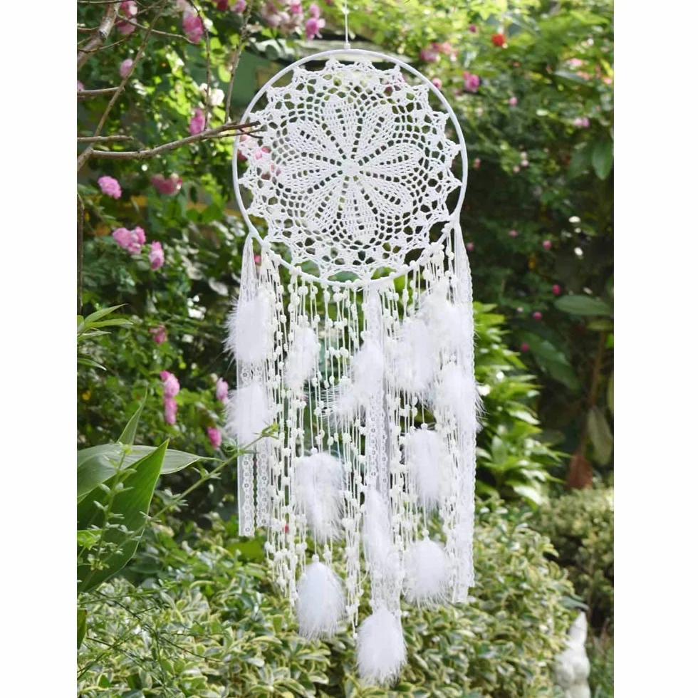 duży łapacz snów w stylu boho, z białymi piórami, makrama, ozdoba na ścianę na wesele vintage lub do dekoracji domu, okrąg 30 cm, długość 80 cm, biały