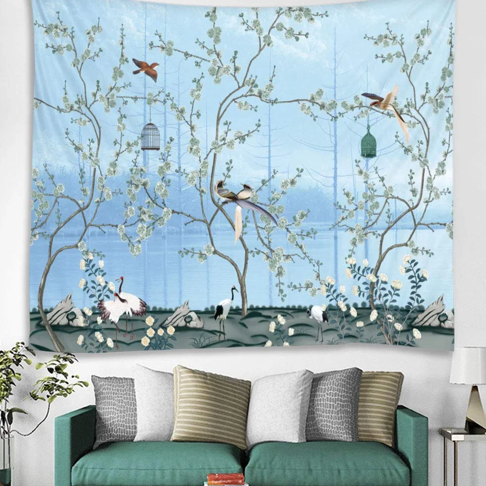 VIFERR Gobelin ścienny boho niebieskie kwiaty ptaki duży dywan ścienny 150 x 200 cm