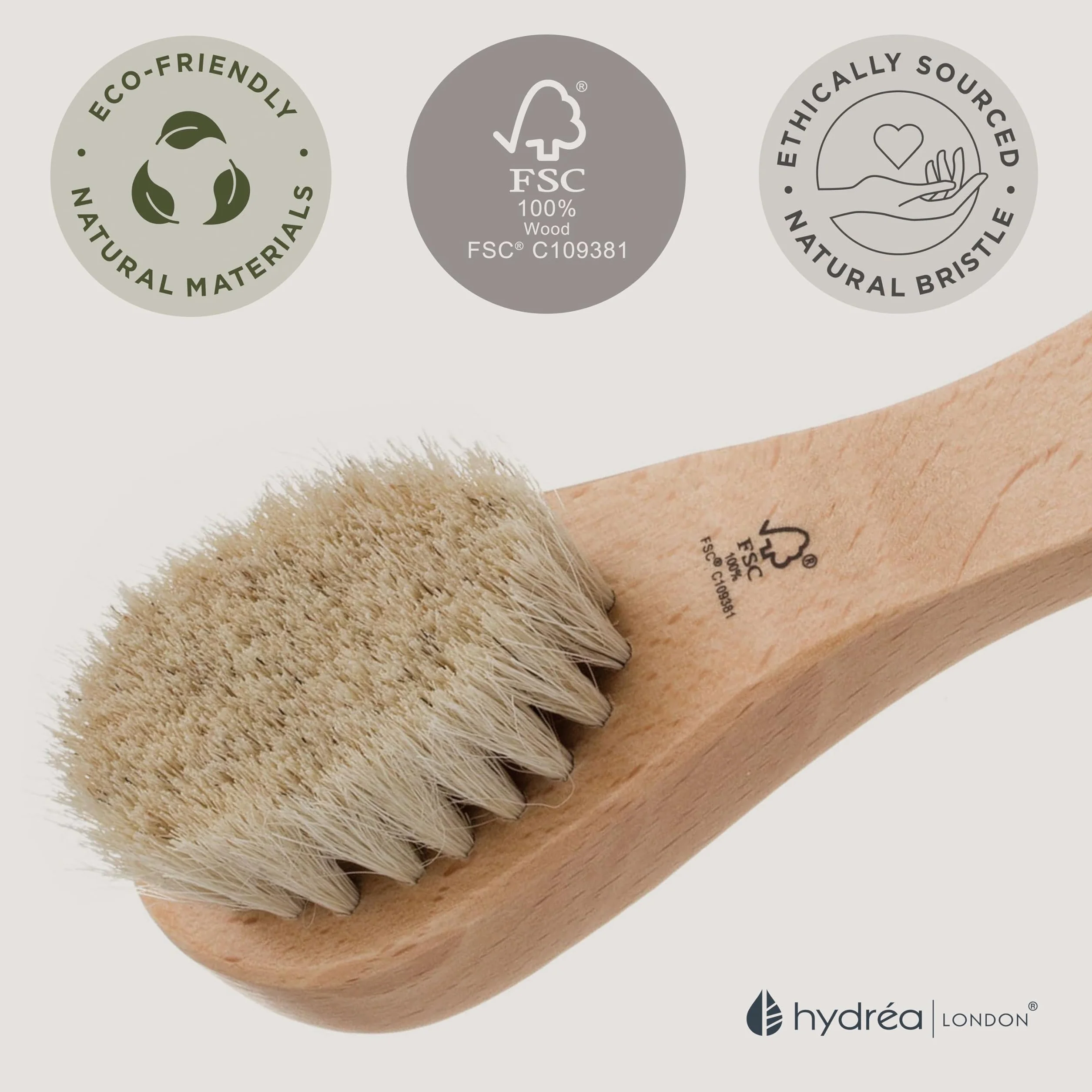 Hydrea London Szczotka do twarzy – peeling do skóry z naturalnego włosia, delikatny peeling i złuszczanie, wspomaga przepływ limfatyczny – drewno bukowe z certyfikatem FSC®.
