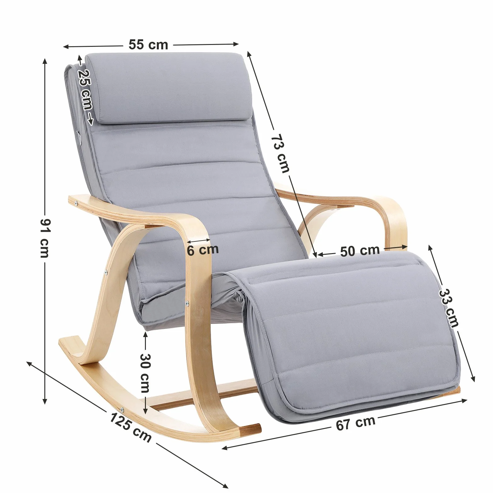 Songmics Fotel Bujany, Drewno, Szary, 67 x 125 x 91 cm