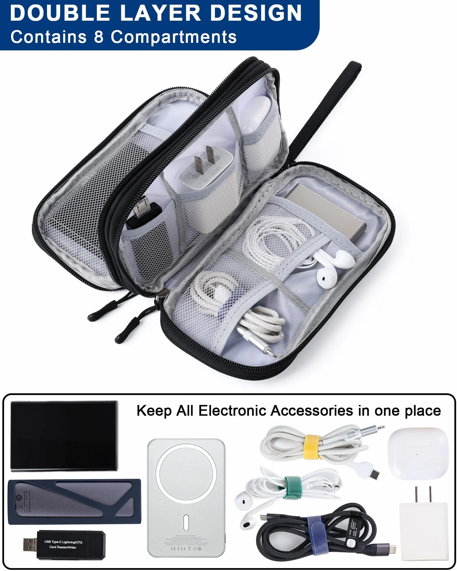 Organizer na Kable, Etui Podróżne Wodoodporne z Tkaniny Oxford, Podwójną Przegródką, Przenośny do Akcesoriów Elektronicznych, Ładowarek, Power Banku, Słuchawek, Czarny, 19x11x5 cm