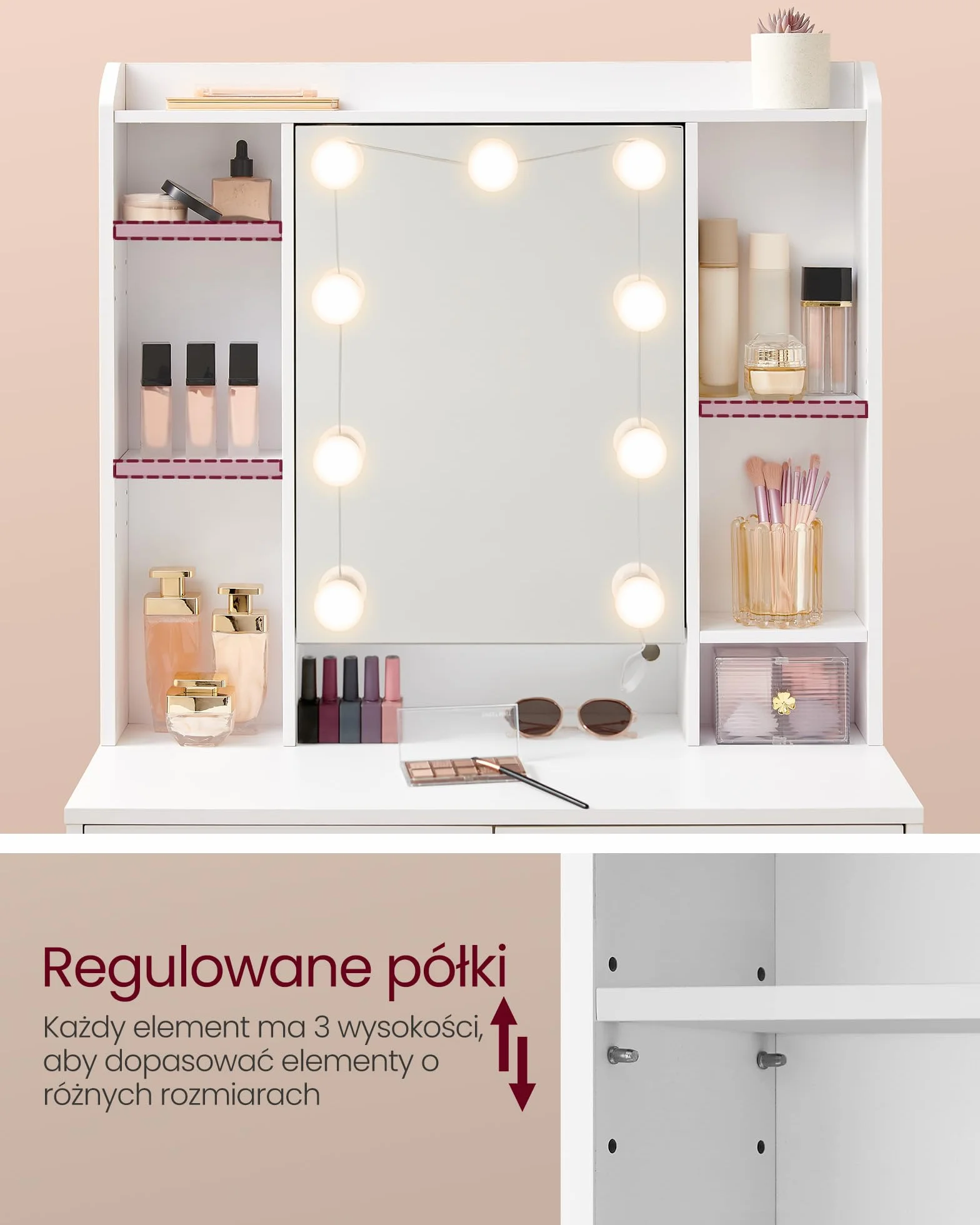 VASAGLE Toaletka z Oświetleniem LED, Regulacja Jasności, Lustro, Regulowane Półki, 2 Szuflady, Biała RDT126W01