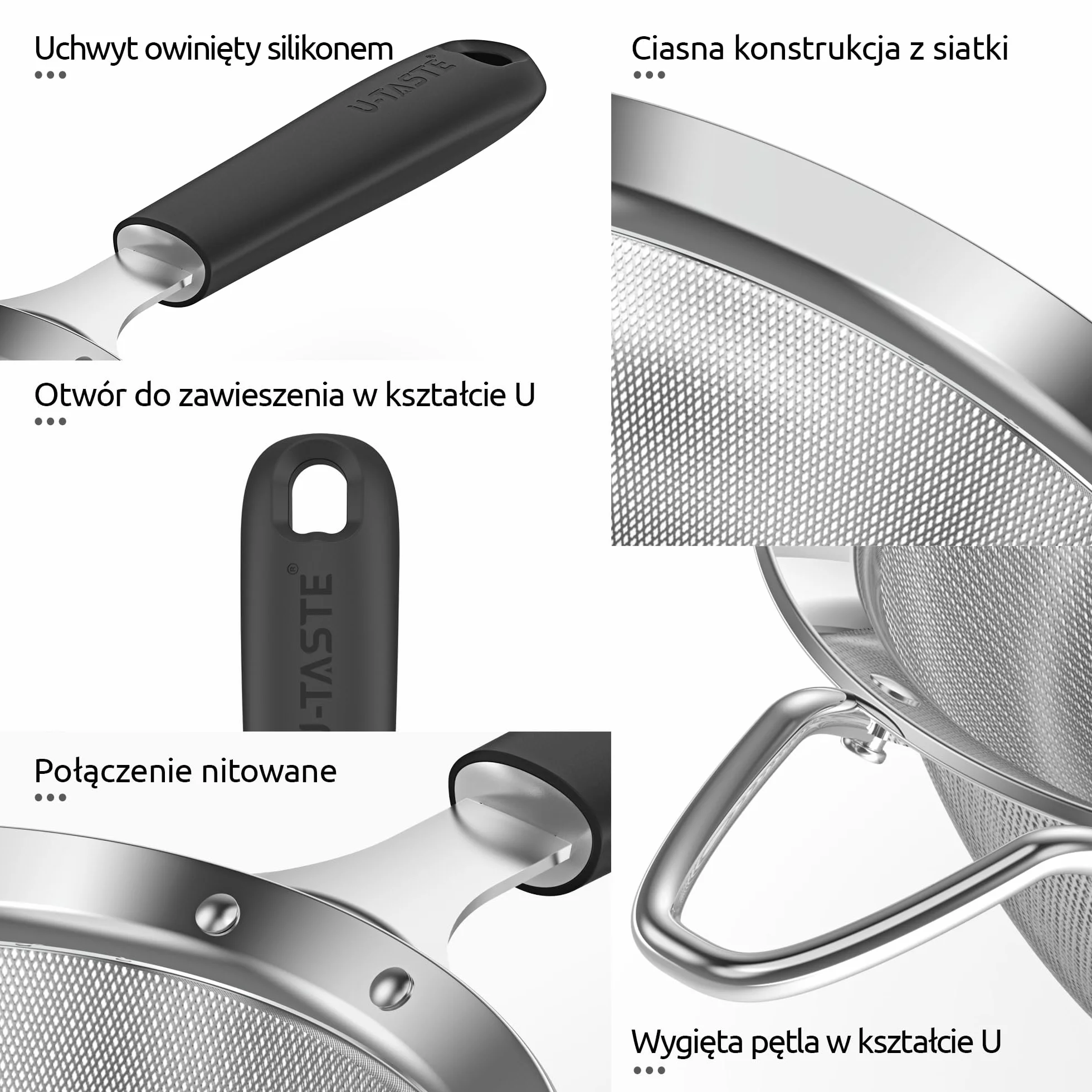 U-Taste Sitko o drobnych oczkach: Małe sitko kuchenne ze stali nierdzewnej 18/8 z nitowanym, wytrzymałym silikonowym uchwytem do przesiewania mąki, herbaty, ryżu Quinoa (8,5 cm, Czarny)