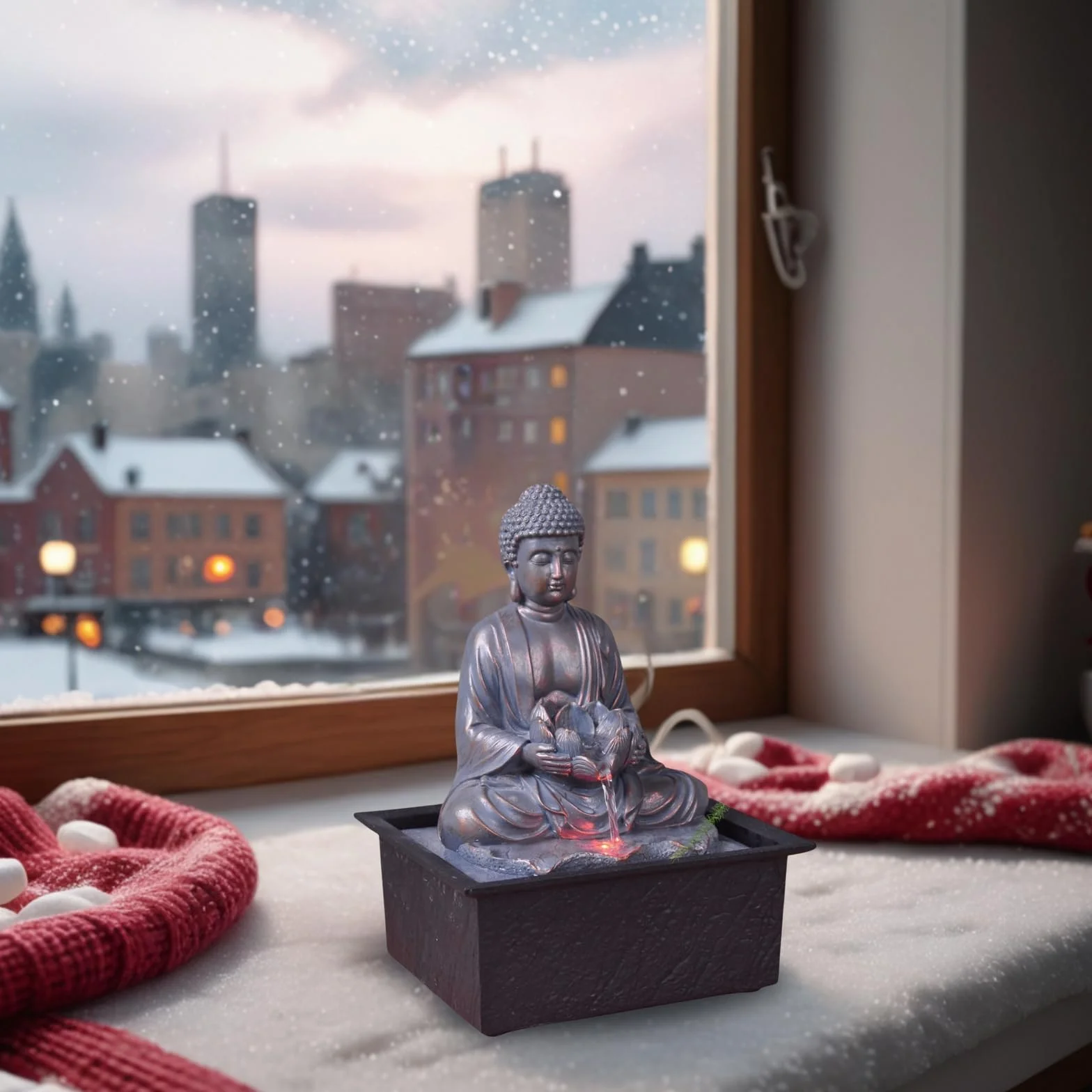 Fontanna wewnętrzna Budda Medytacja Lotos Kolorowe światło LED - Zen Deco Salon Sypialnia - Fontanna stołowa Relaksujący ruch - Przydatny prezent dla kobiet i mężczyzn - H 26cm - Sutra Zen'Light