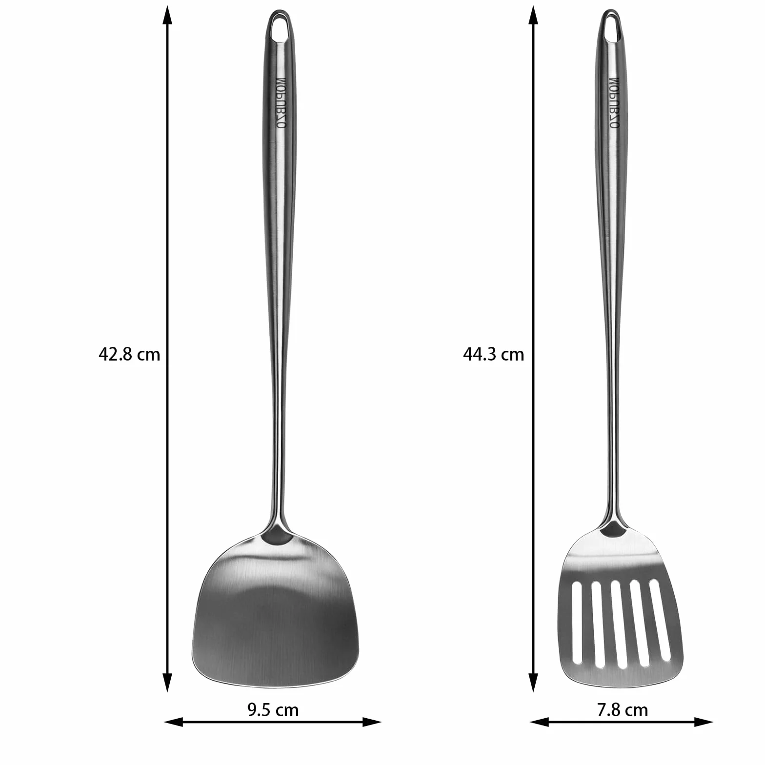 Zestaw 2 szpatułek ze stali nierdzewnej, łopatka do smażenia i z otworami, ergonomiczne uchwyty
