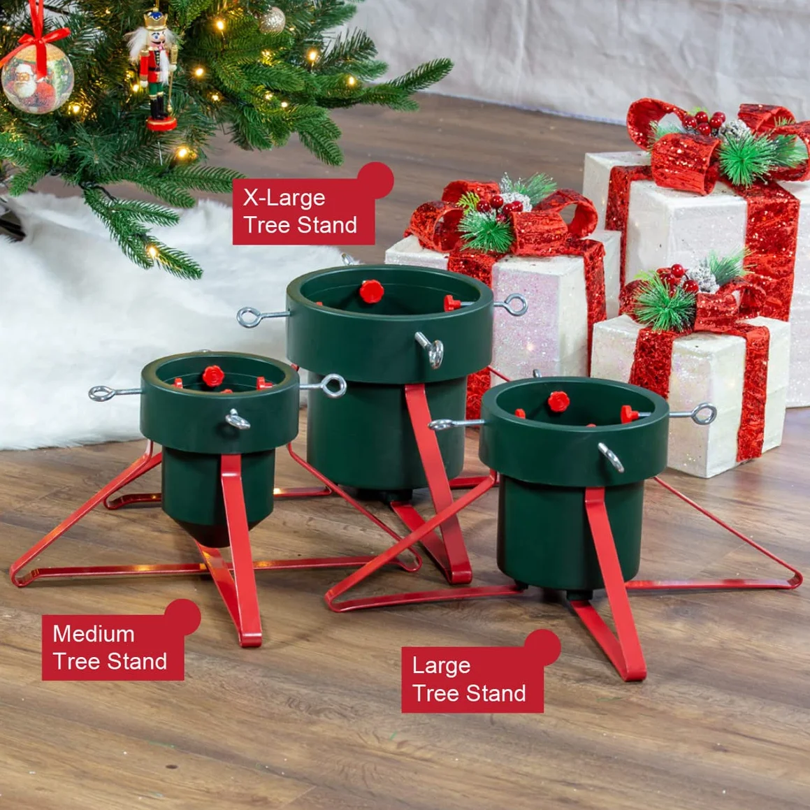 The Christmas Workshop 70509 Stojak bożonarodzeniowy | Bardzo duży rozmiar | Pasuje do drzew o wysokości do 2,5 m i 14,5 cm średnicy | mieści 2,8 l wody | 57 cm x 57 cm x 21,5 cm, zielony i czerwony