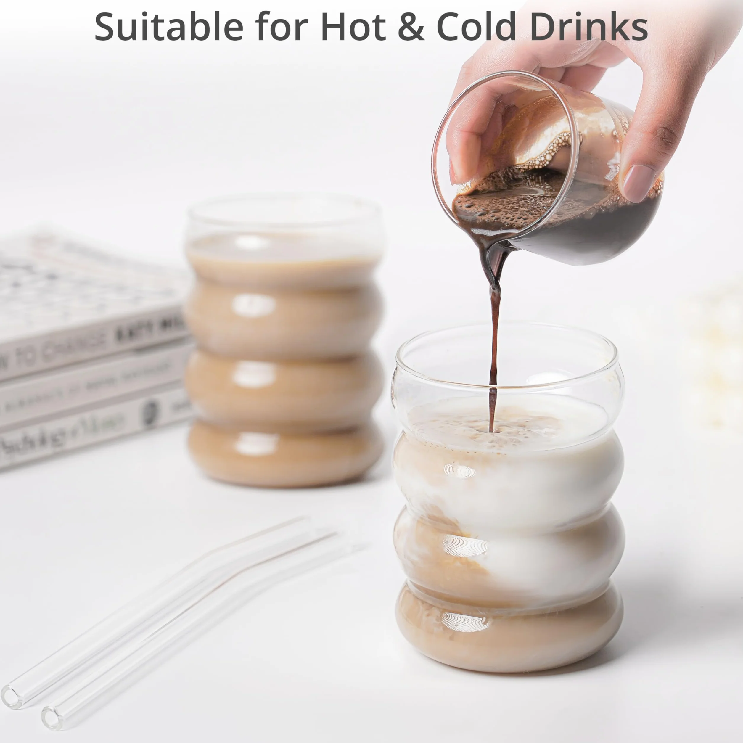 Szklanki do Picia ze Słomkami 410ml [2 szt] Winter Shore - Unikalne Kształt Bąbelkowego Pączka - Bez BPA z Szczotką