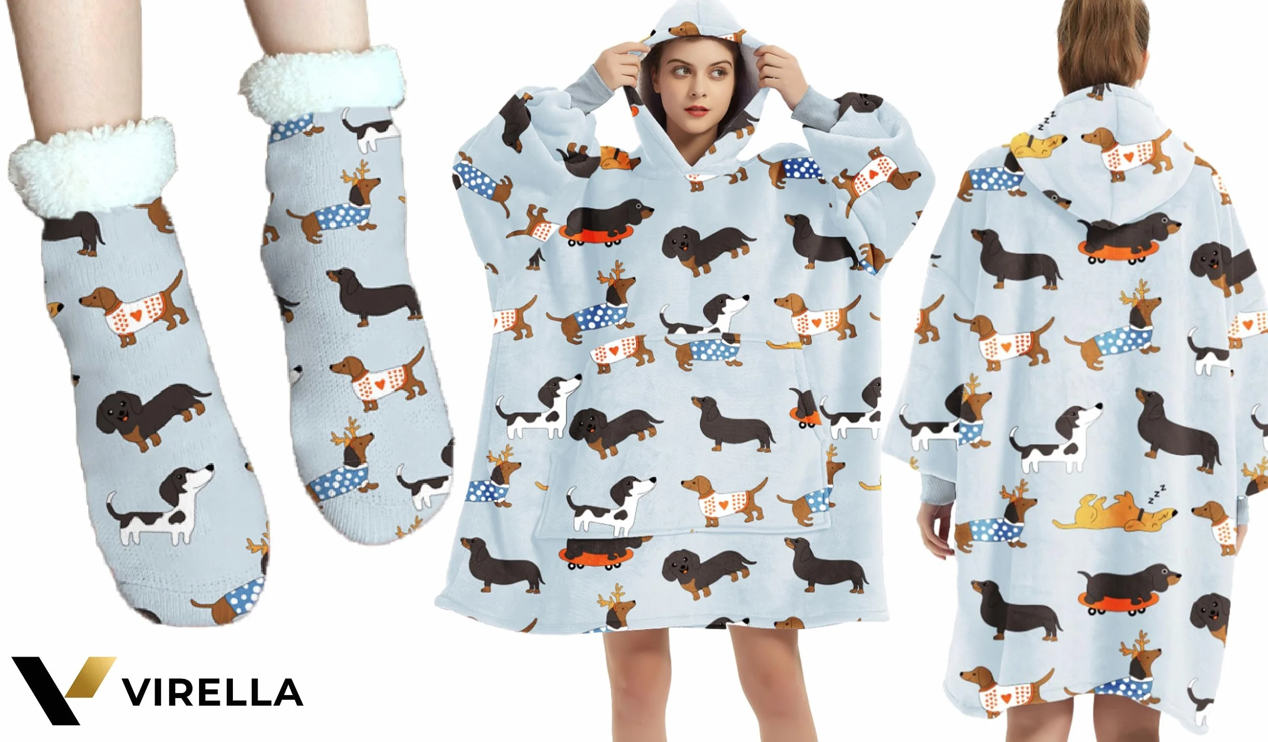 VIRELLA Kocobluza Oversize Dwuwarstwowa Polar XXL + Sherpa z Kapturem i Kieszenią – Gruba Bluza Koc Unisex