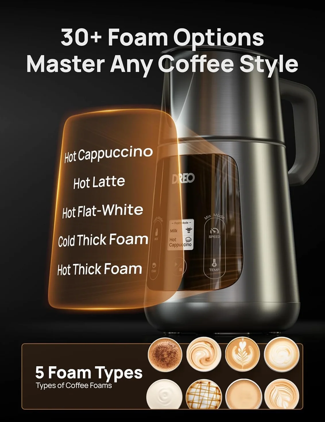 Dreo automatyczny spieniacz do mleka 800 ml Art Level, podgrzewacz do kawy latte