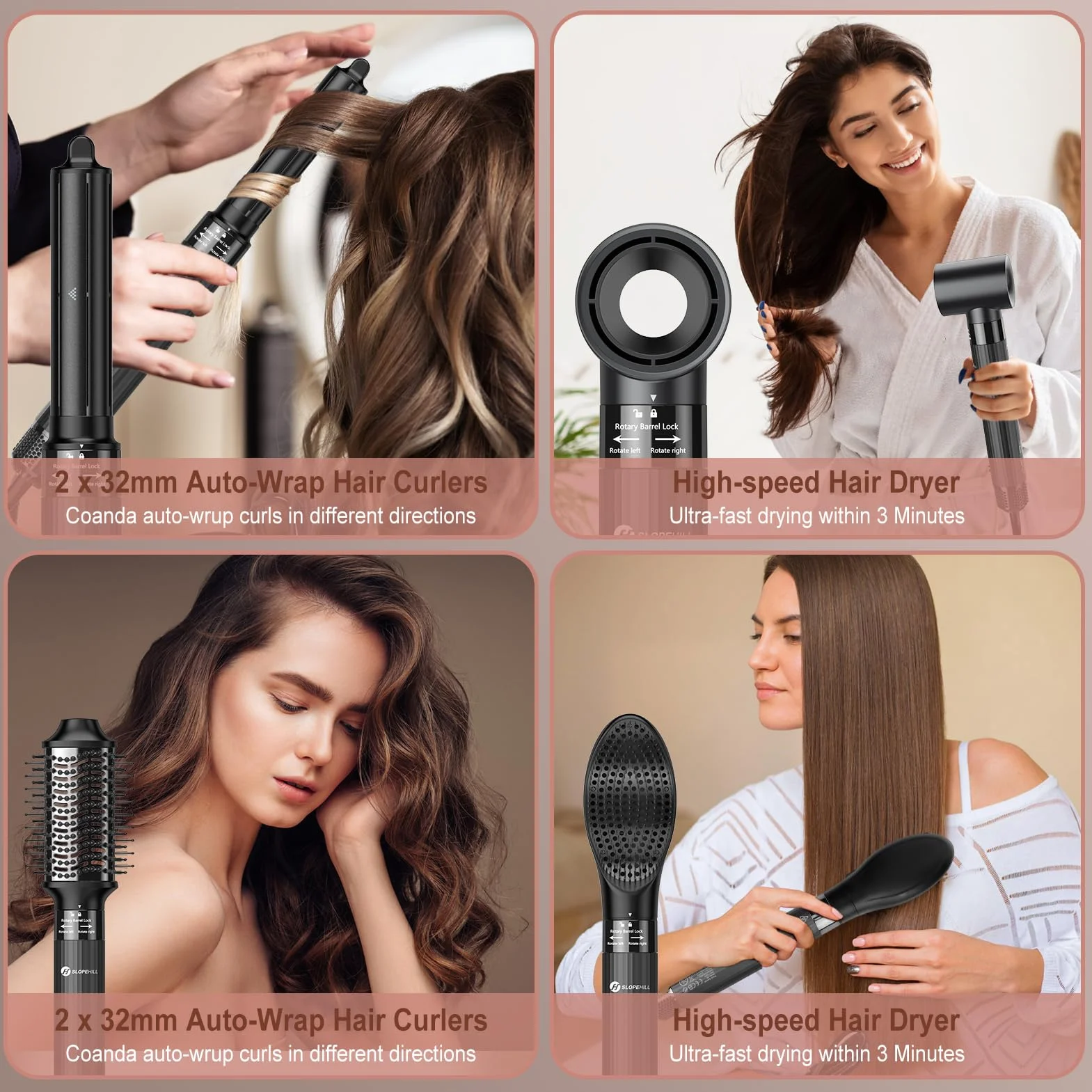 Slopehill Airstyler 5 w 1, 110 000 RPM High-Speed Ionic suszarka do włosów, szybkoschnąca, wielofunkcyjna stylizacja włosów z automatyczną lokówką, prostownicą do włosów, szczotką i szczotką do