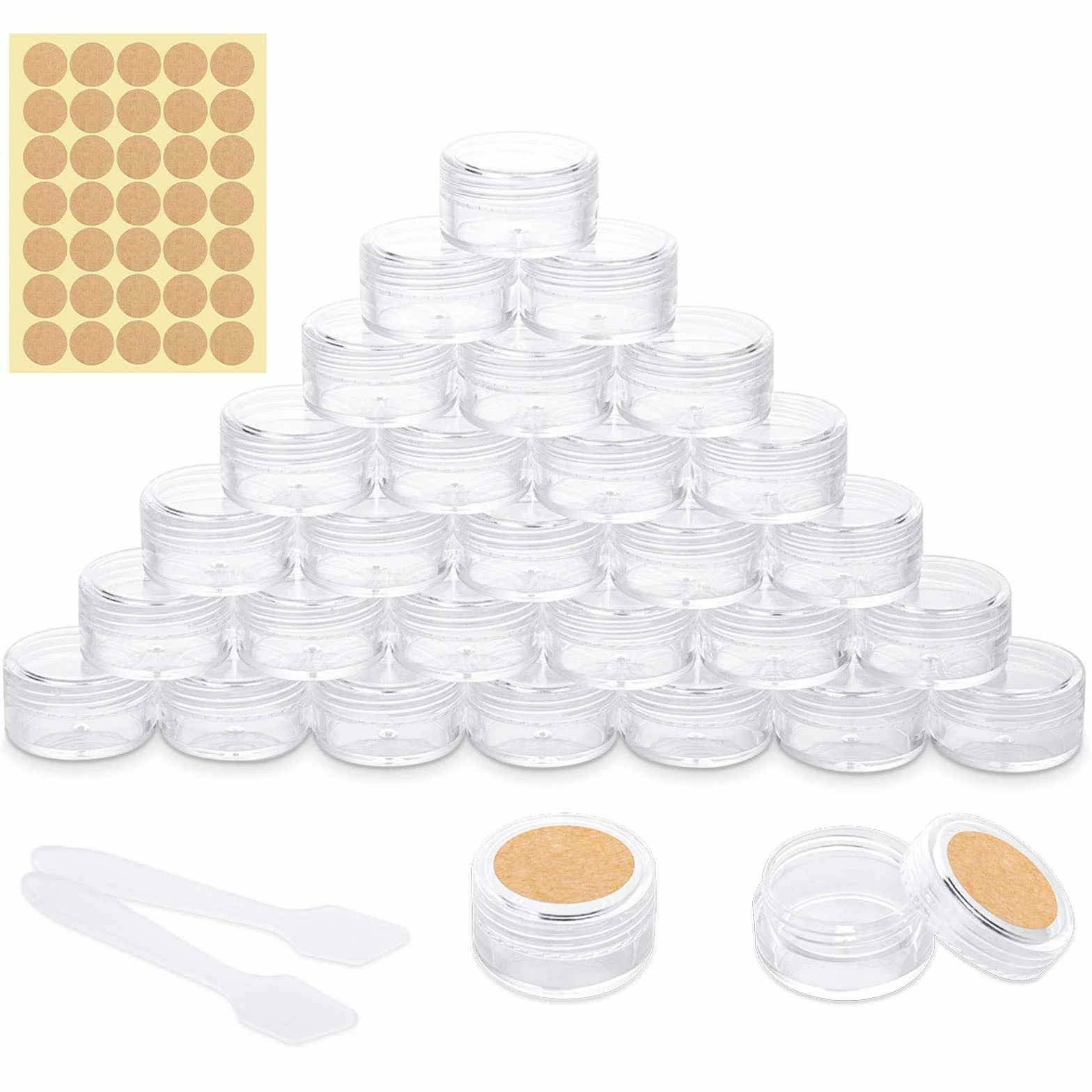 Pojemniki na kosmetyki słoiki plastikowe podróżne doniczki na próbki z mini szpatułką i naklejkami z etykietami, 30 szt. (5 g/5 ml, przezroczyste)