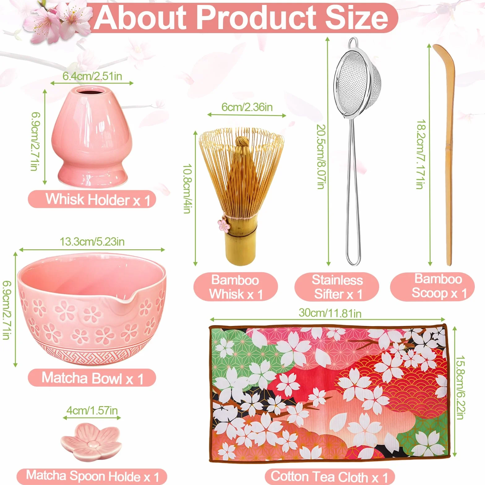 Zestaw matcha różowy 7-częściowy ceramiczny do herbaty z miotłą, miską, sitkiem