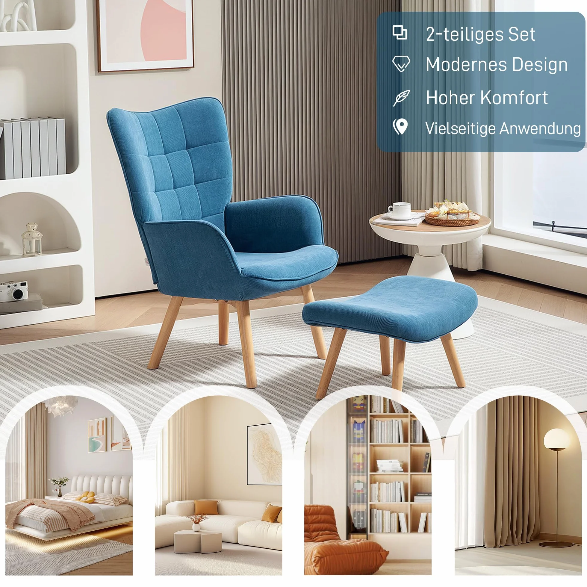 HOMCOM fotel z zauszkami z podnóżkiem, fotel typu lounge z efektem żyłkowania, nowoczesny fotel relaksacyjny, fotel z podłokietnikami, fotel do czytania do salonu, sypialni, kolor niebieski
