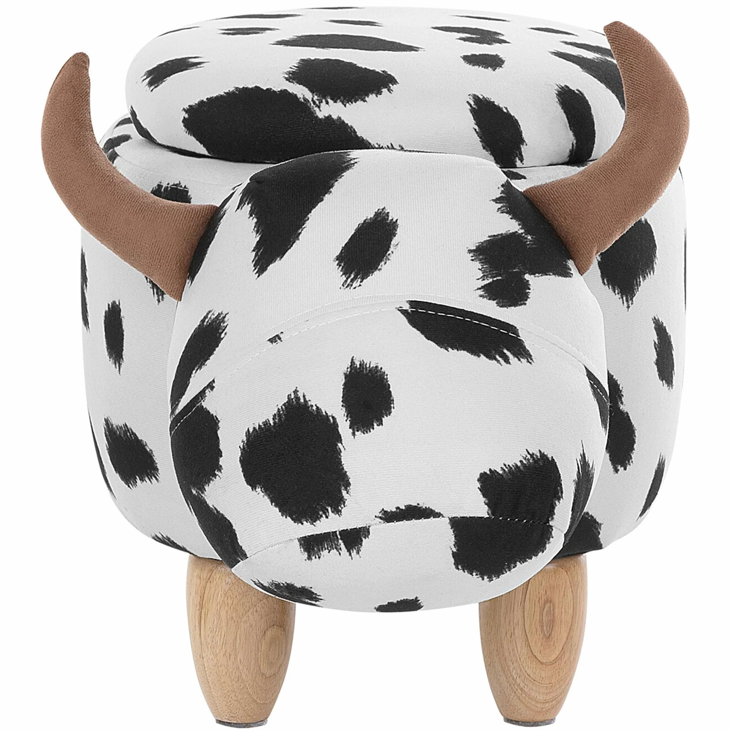 Pufa dla dzieci czarno-biała w łaty ze schowkiem drewniane nóżki Cow