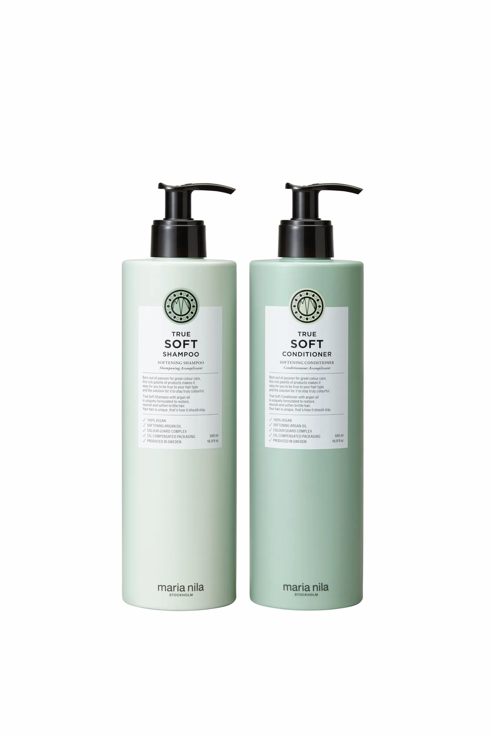 Maria Nila True Soft, zestaw szamponów i odżywek (2 x 500 ml), do włosów suchych, olejek arganowy nawilża i redukuje puszenie się włosów