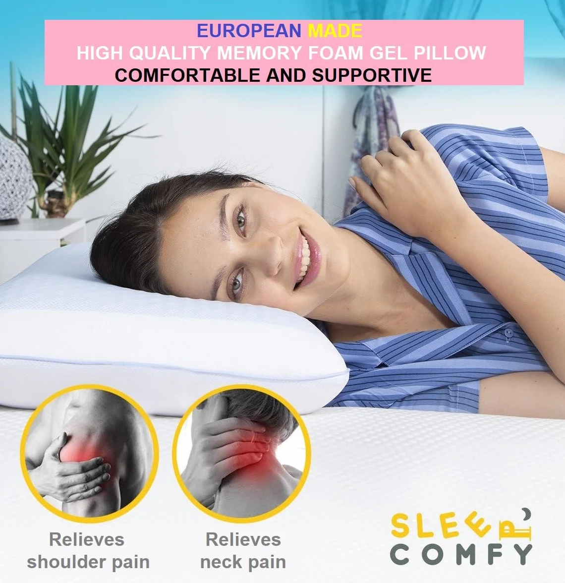 SLEEP COMFY Premium Memory Foam Gel Pillow – ortopedyczna poduszka pod szyją, Oeko-Tex, technologia chłodzenia żelowa