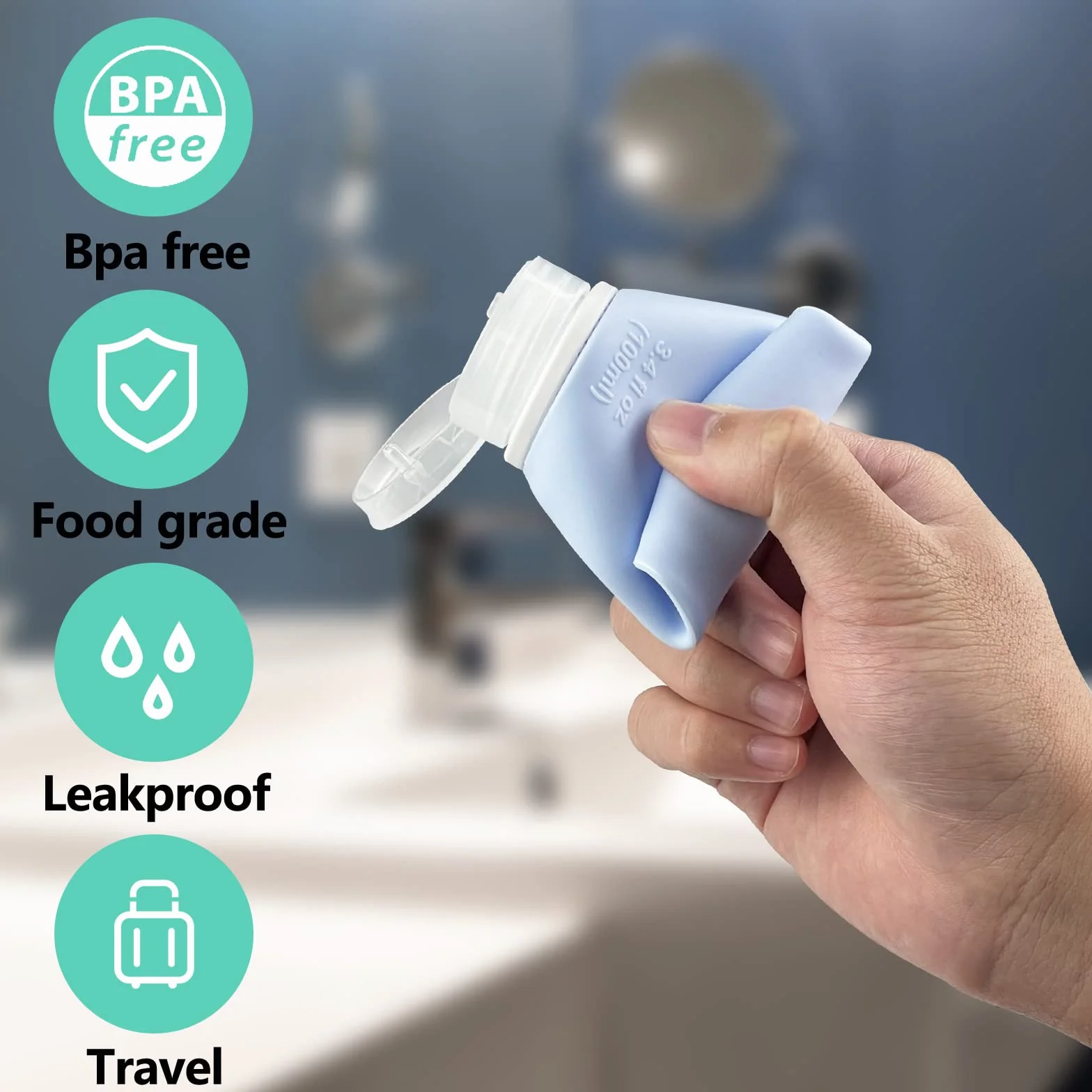 Gvolatee Zestaw 9 silikonowych butelek podróżnych, do napełniania, 100 ml, szczelne, do wielokrotnego napełniania, zestaw przyborów toaletowych z kosmetyczką, do szamponu, odżywki do kremu, balsamu