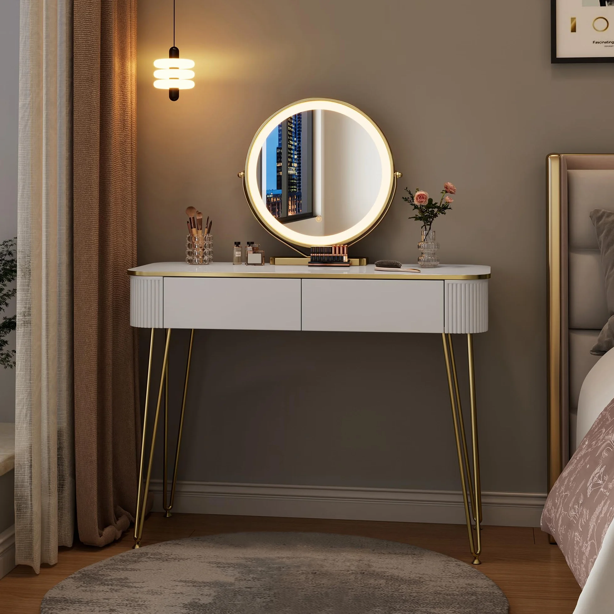 EUGAD Toaletka z lustrem LED, regulowana jasność, biurko z 2 szufladami, białe biurko do makijażu, złote metalowe nogi, blat 100 x 40 cm, nowoczesne meble do sypialni, 0057SZT