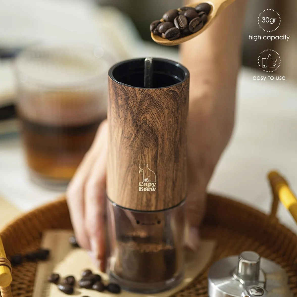 Ręczny młynek do kawy z ceramicznym żarnem i składaną rączką | Zmiel własne ziarna kawy do French Press, moka i espresso | Lekki, cichy i trwały | Drewniany wygląd