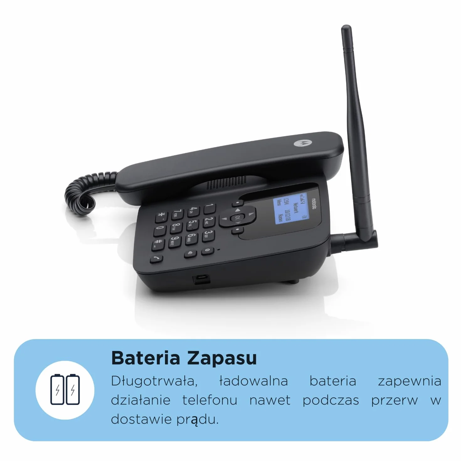 Motorola Voice - FW410L 4G Telefon stacjonarny bezprzewodowy, punkt dostępu Wi-Fi, karta SIM, zapasowa bateria, tryb głośnomówiący, czterozakresowy GSM, przekierowywanie połączeń
