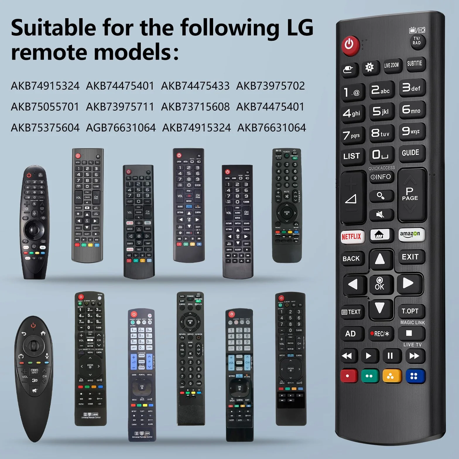 Uniwersalny zamiennik pilota do telewizora LG-Smart TV, ulepszony pilot do telewizora LG na podczerwień, AKB75095308 AKB75095307 AKB74915324, z przyciskami skrótu